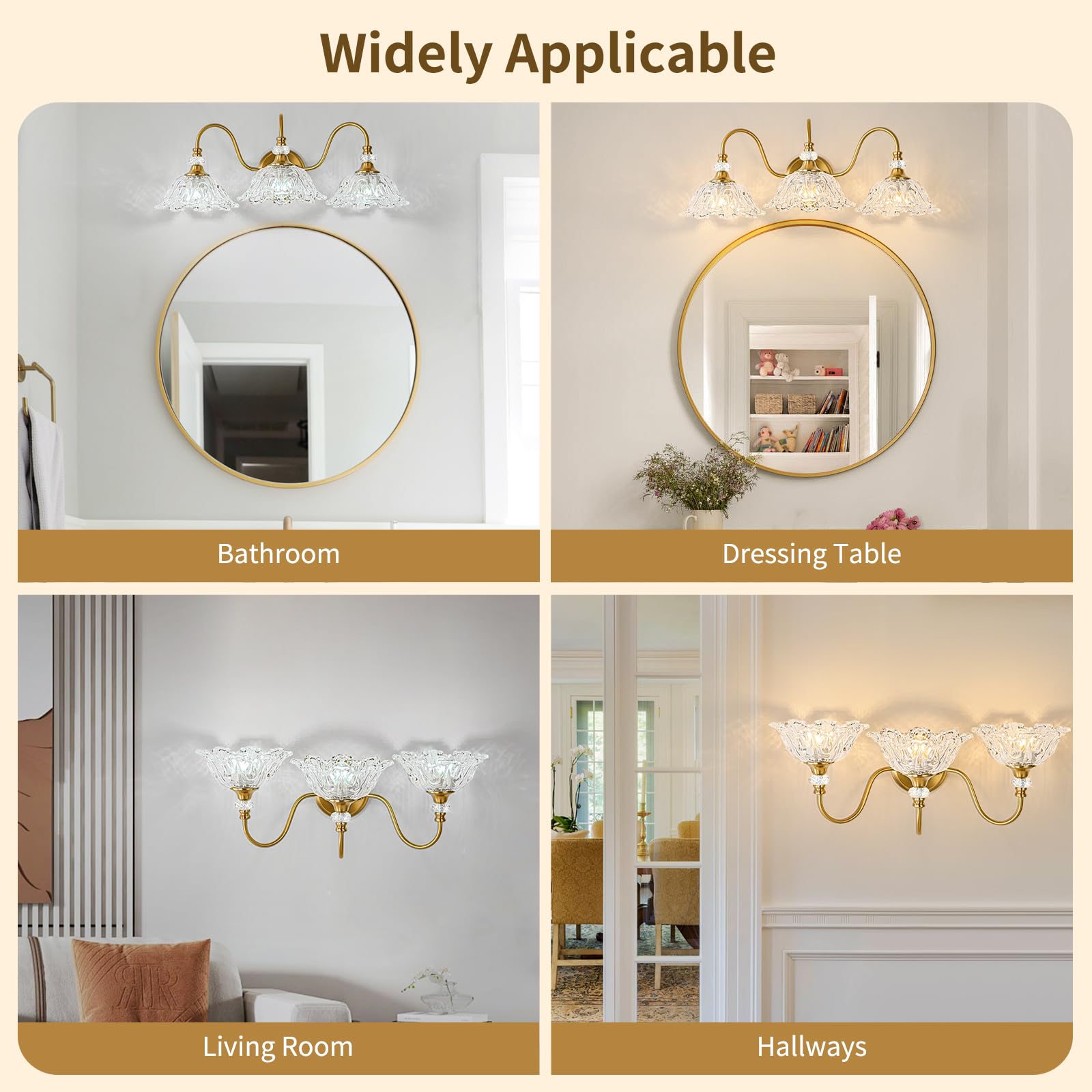 sunkryster 3-Light Gold Bathroom Vanity Light, Brushed Gold Finish with Floral Clear Glass Shades, Model Sun-104AB-3-Gold