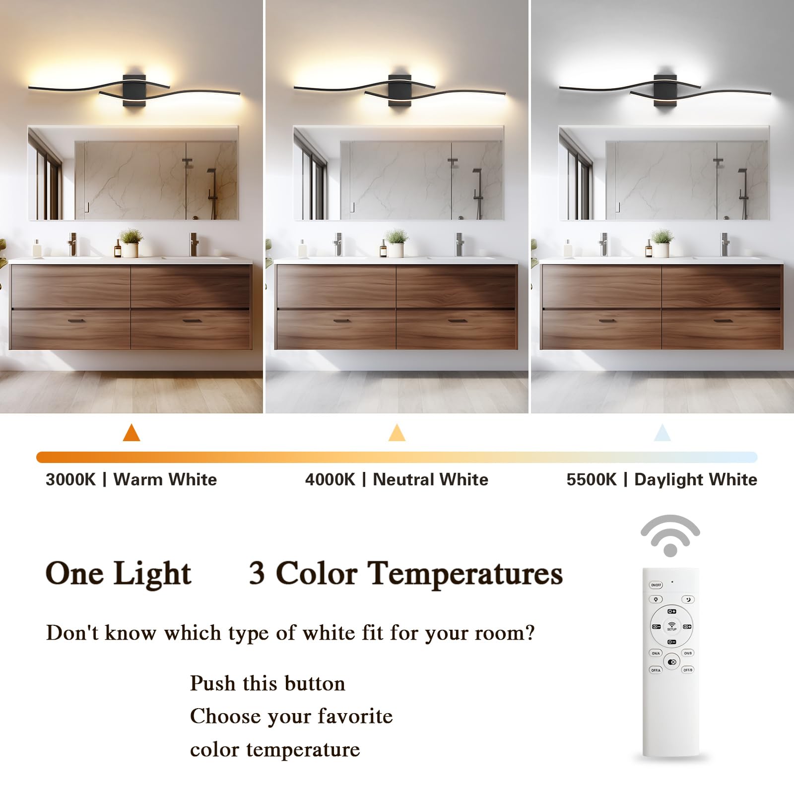 Pasoar Modern LED Vanity Light Fixture, 39.4in Hard-Wired, Metal, Remote Control, 3000K-6000K, Model 3217-1P, Black