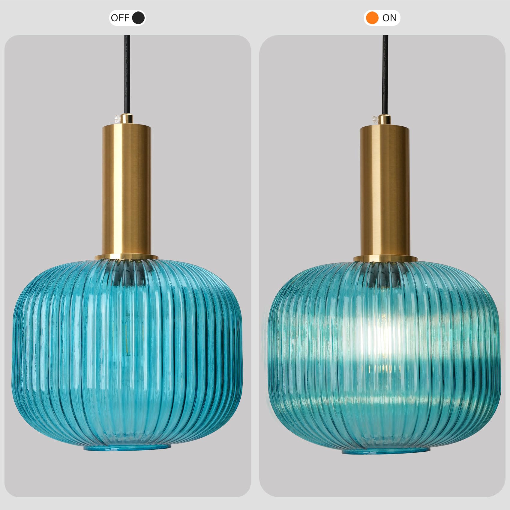 Pobllem Plug In Glass Pendant Light Blue Chandelier Ceiling Light Fixtures With Classic Striped Lantern Design, Mid Century Mode