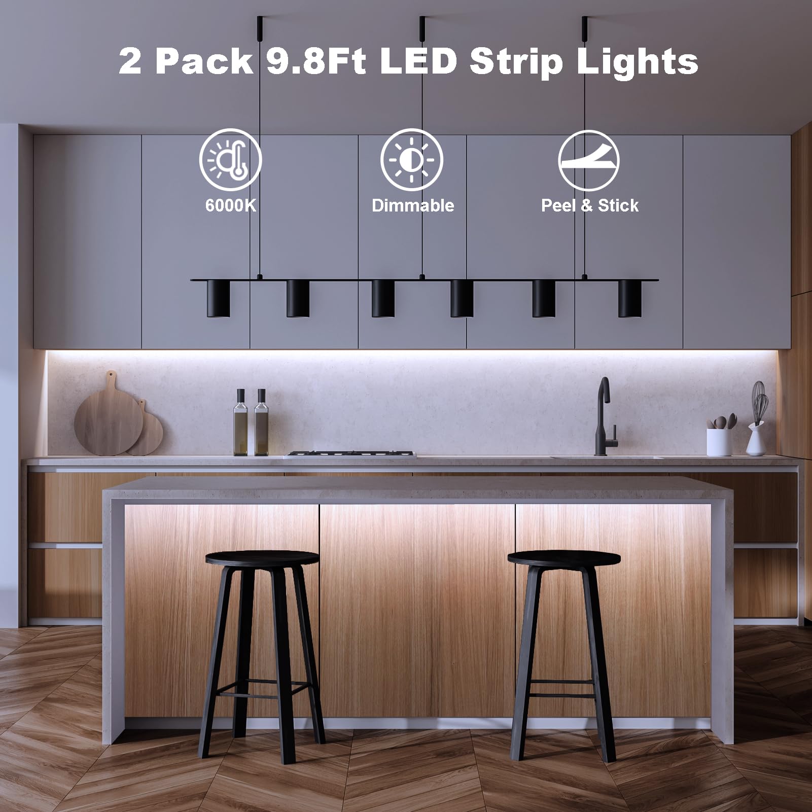 echosari Strip Lights, 9.8Ft Battery Operated, 90 LED, Self-Adhesive with Remote Timer, Cool White, 2 Pack