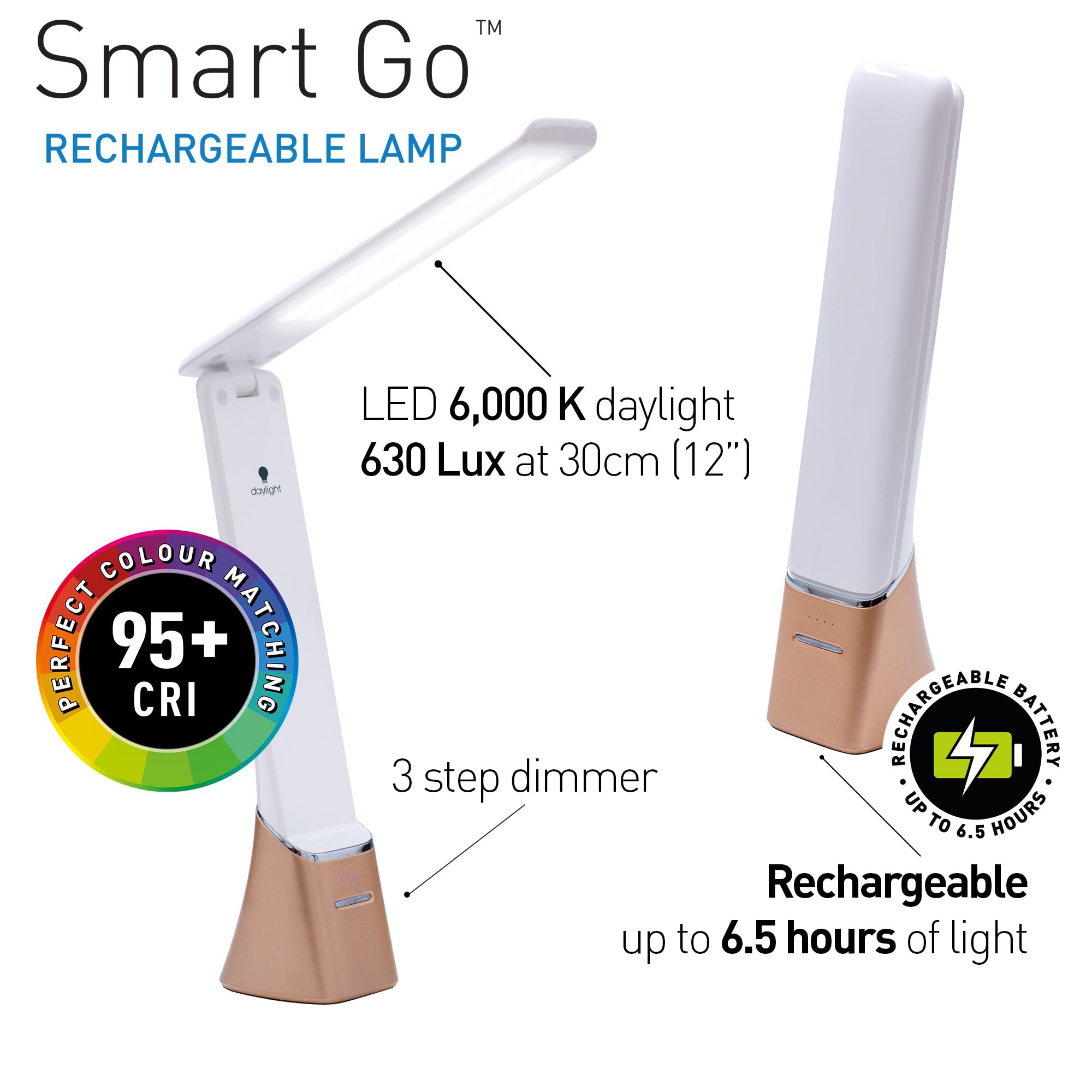 Daylight Smart Go Portable Ideal For Reading, Light Therapy, Everyday Tasks, Crafts, Desk Work, Diy, Led, Chargeable Lamp, 1 Cou