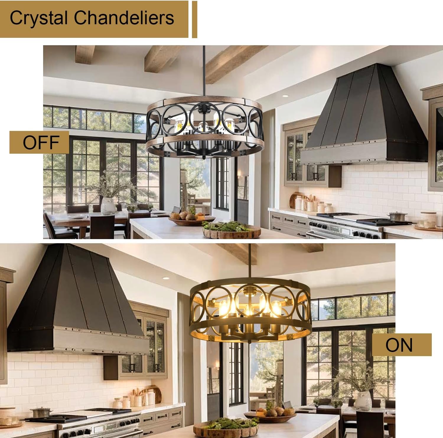 Shiandar 15.7'' Drum Chandelier, 3-Light Adjustable Height Round Dining Roomchandeliers, Black Light Fixture Ceiling Mount Wood Grain Finish, Farmhouse Ceiling Light Fixture For Hallway