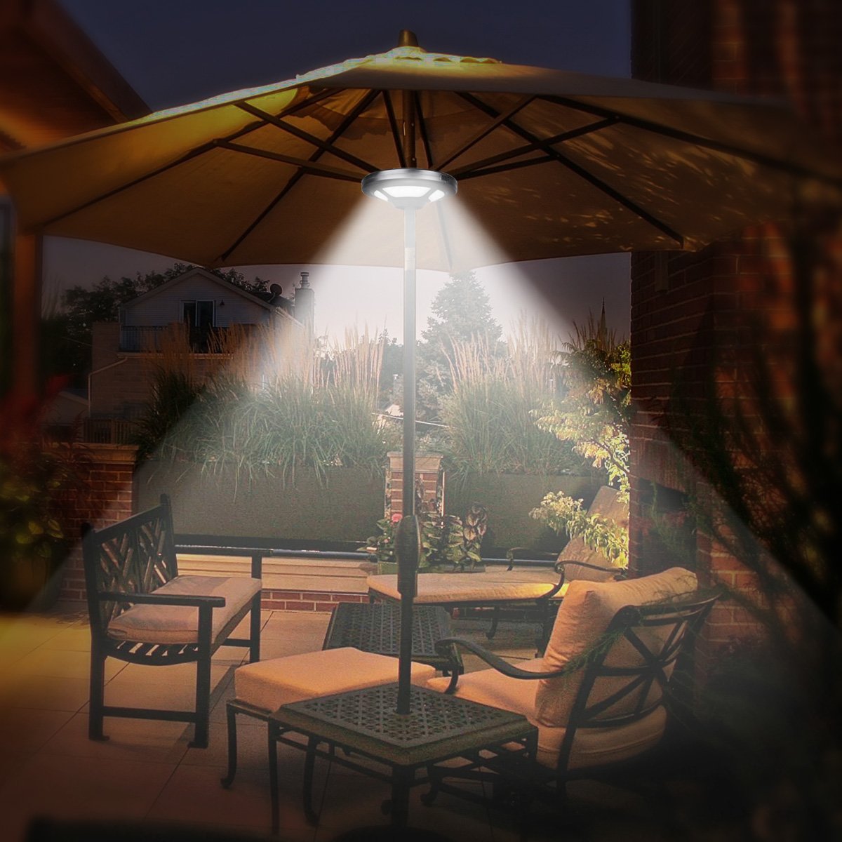 Oyoco Patio Umbrella Light 2 Brightness Mode Cordless 36 Led Lights At 220 Lux- 3 X Aa Battery Operated  Umbrella Pole Light For Patio Umbrellas  Camping Tents Or Outdoor Use(36 Led Cool White)
