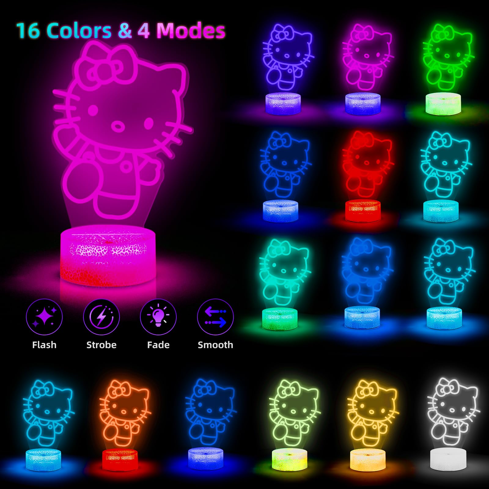 Kitty Night Light, 3D Led 16 Color Intelligent Remote Control Lamp For Christmas Gifts Children'S Room Decoration Holiday Gifts
