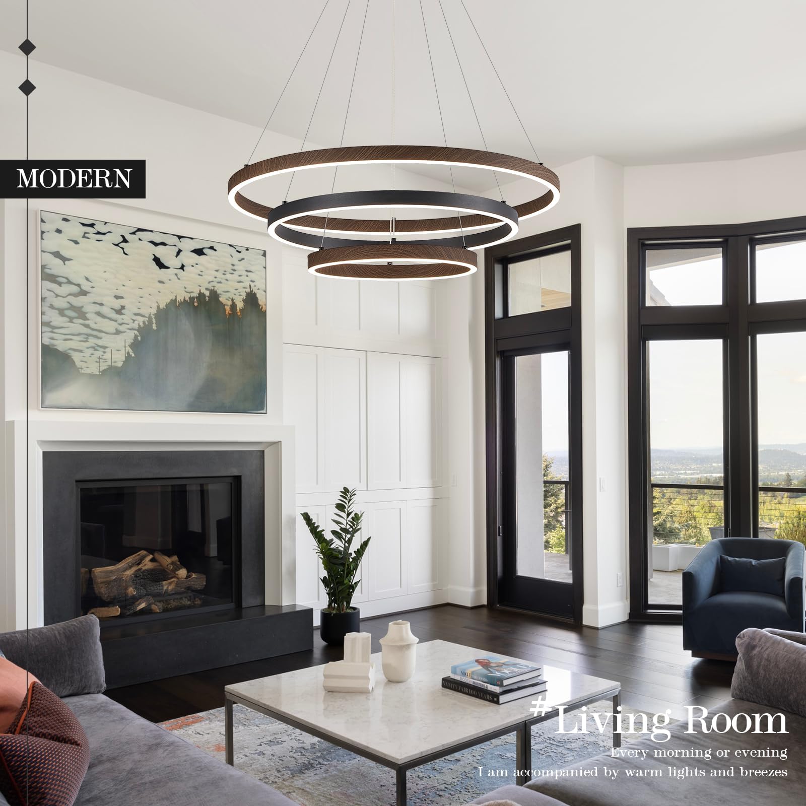 CaraLuxe LED Chandelier 3 Ring Pendant Light 75W Dimmable Black Walnut Wood 24in for Dining Room Living Room Kitchen