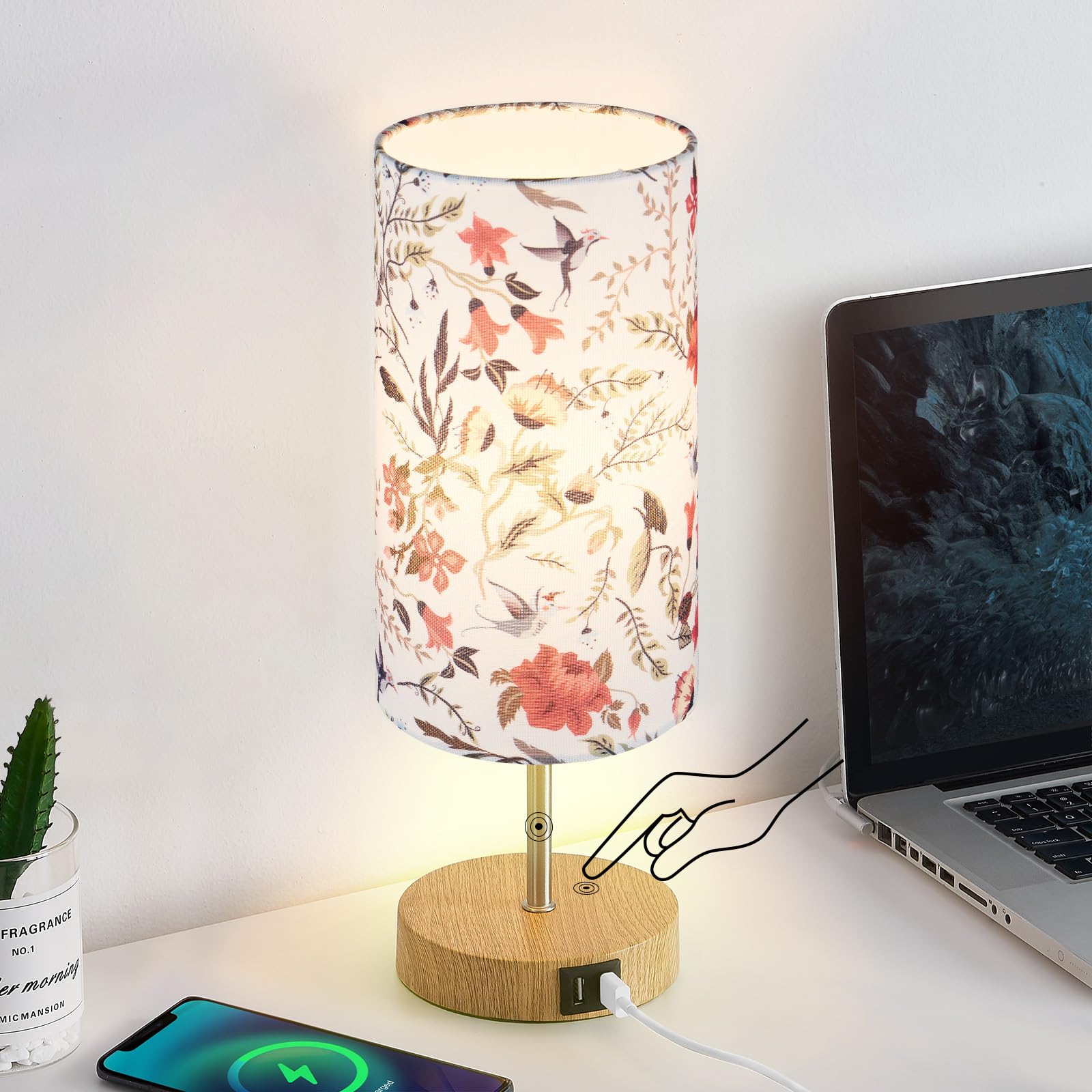 Bedside Touch Lamp, Wood Small Table lamp with 2 USB Charging Ports & Flower Fabric Shade, 3-Way Dimmable Nightstand Lamps for L