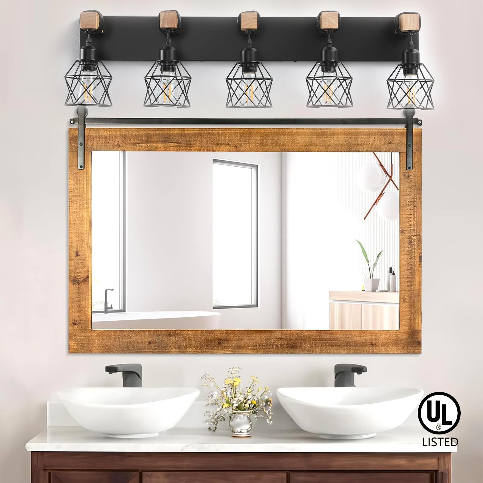 Farmhouse Vanity Light Fixture 5-Light Bathroom Lighting Black Industrial Wood Wall Light Over Mirror With Metal Shade Led Bulbs Not Included