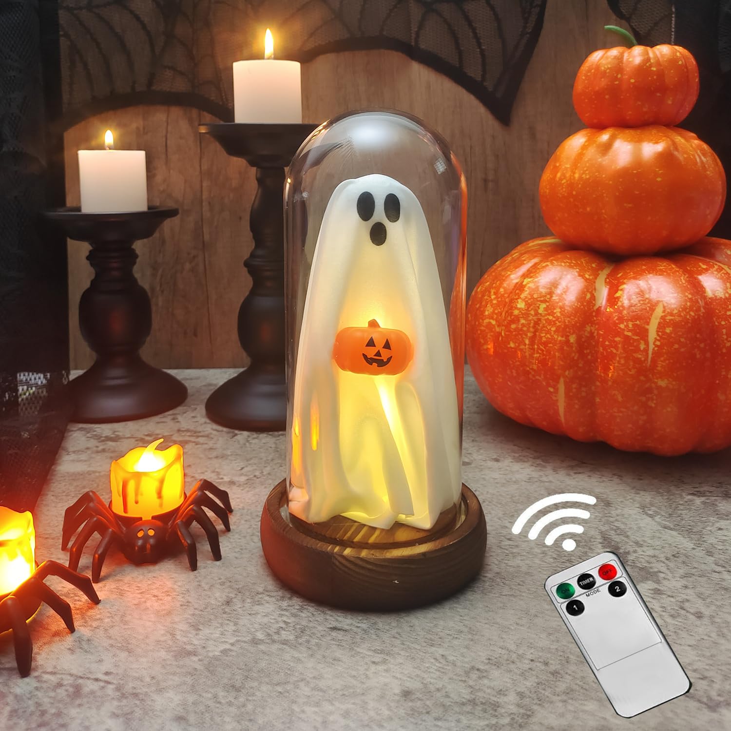 Generic Halloween Ghost Lamp - Light Up Glass Decoration with Remote Control - Small - Pumpkin