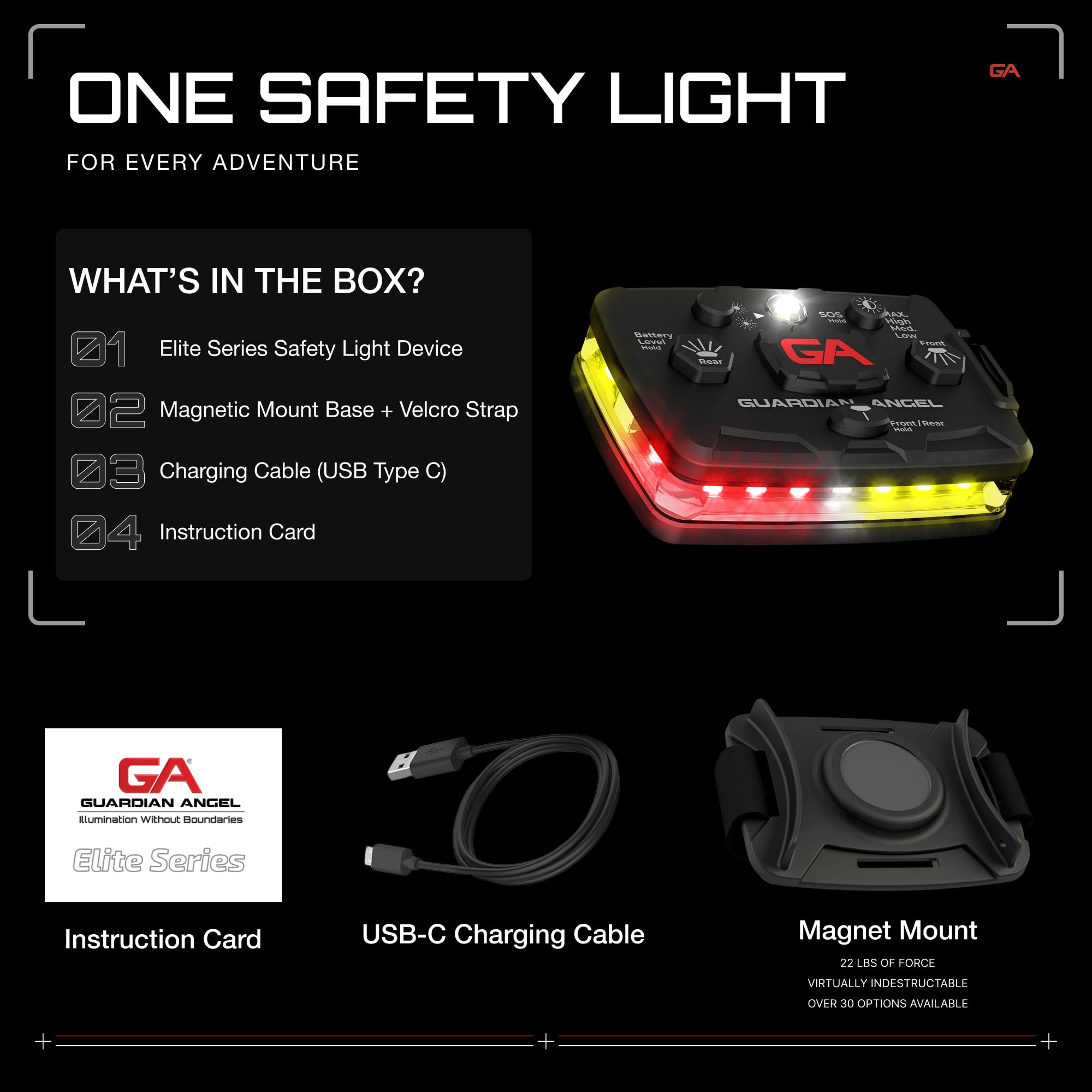 Guardian Angel Elite Series Safety Light - (Red/Yellow Front & Red/Yellow Rear) - Rechargeable, Magnetic, Hands-Free Wearable Le