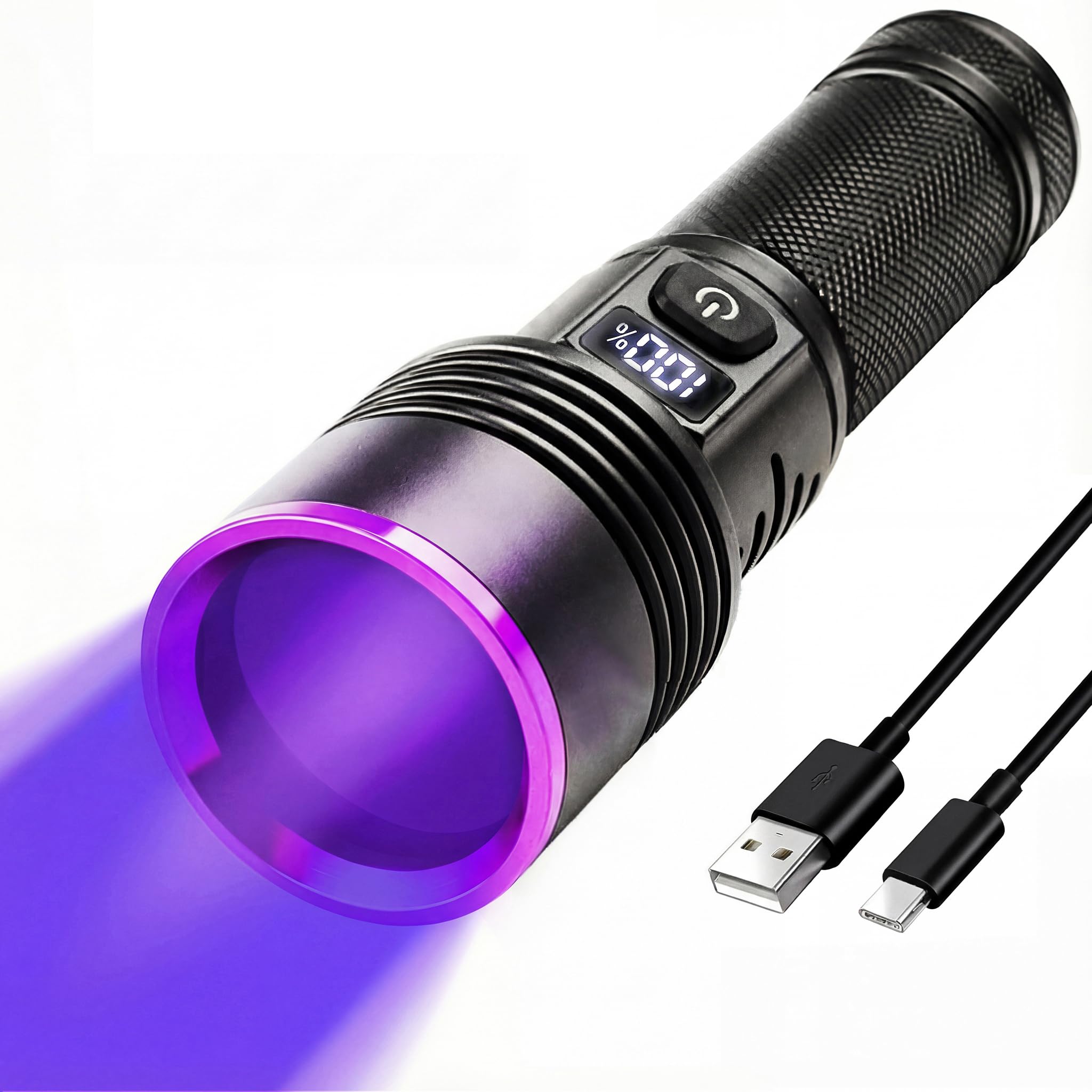 BUDUY 365nm Black Light Flashlight, UV Flashlight 7000 mAh Rechargeable with LCD Display, UV lamp for Pet Urine Detection, Blood