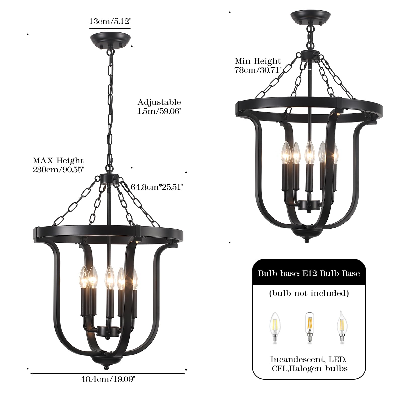 Black Farmhouse Chandelier 5 Lights,19    Industrial Lantern Entryway Light Fixture With Metal Cage Height Adjustable Rustic Han