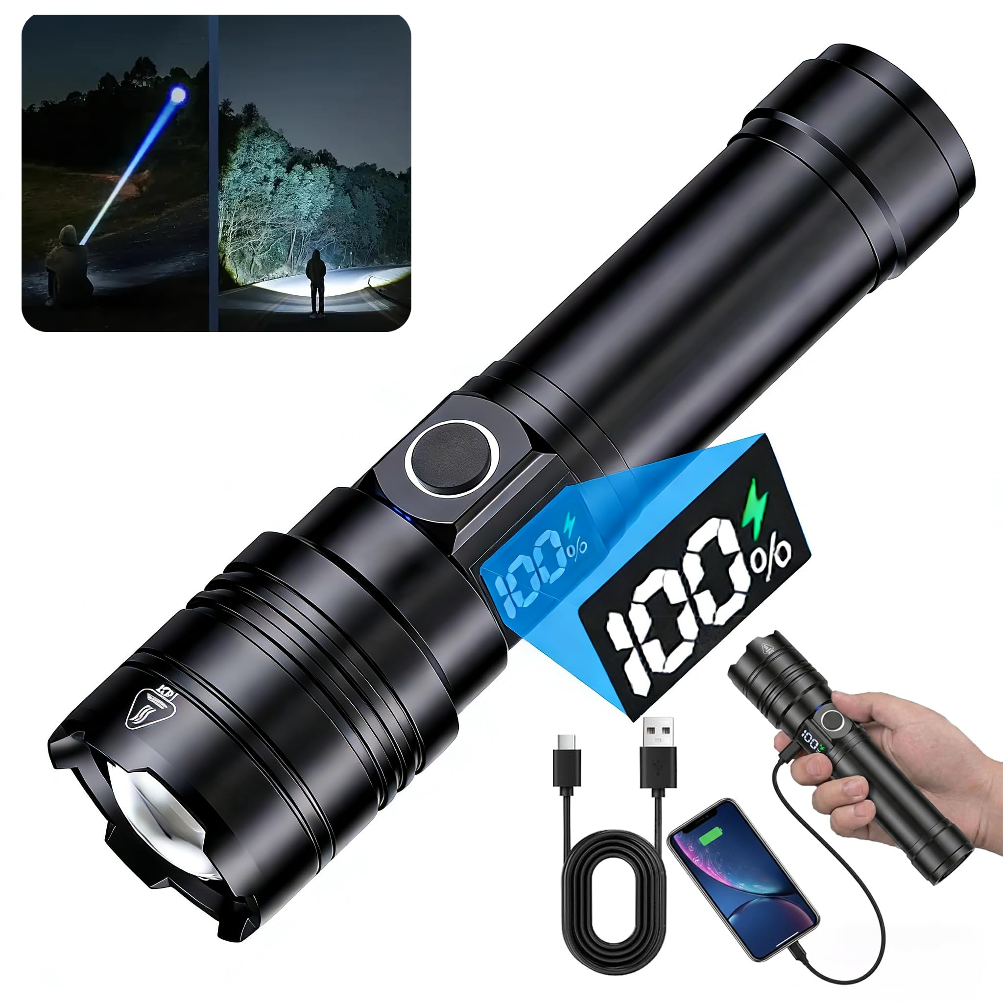 H HNMA HN LCD Digital Display Rechargeable Flashlight, 5 Modes with USB Charge & Discharge, Waterproof Tactical Flash Light, Sin