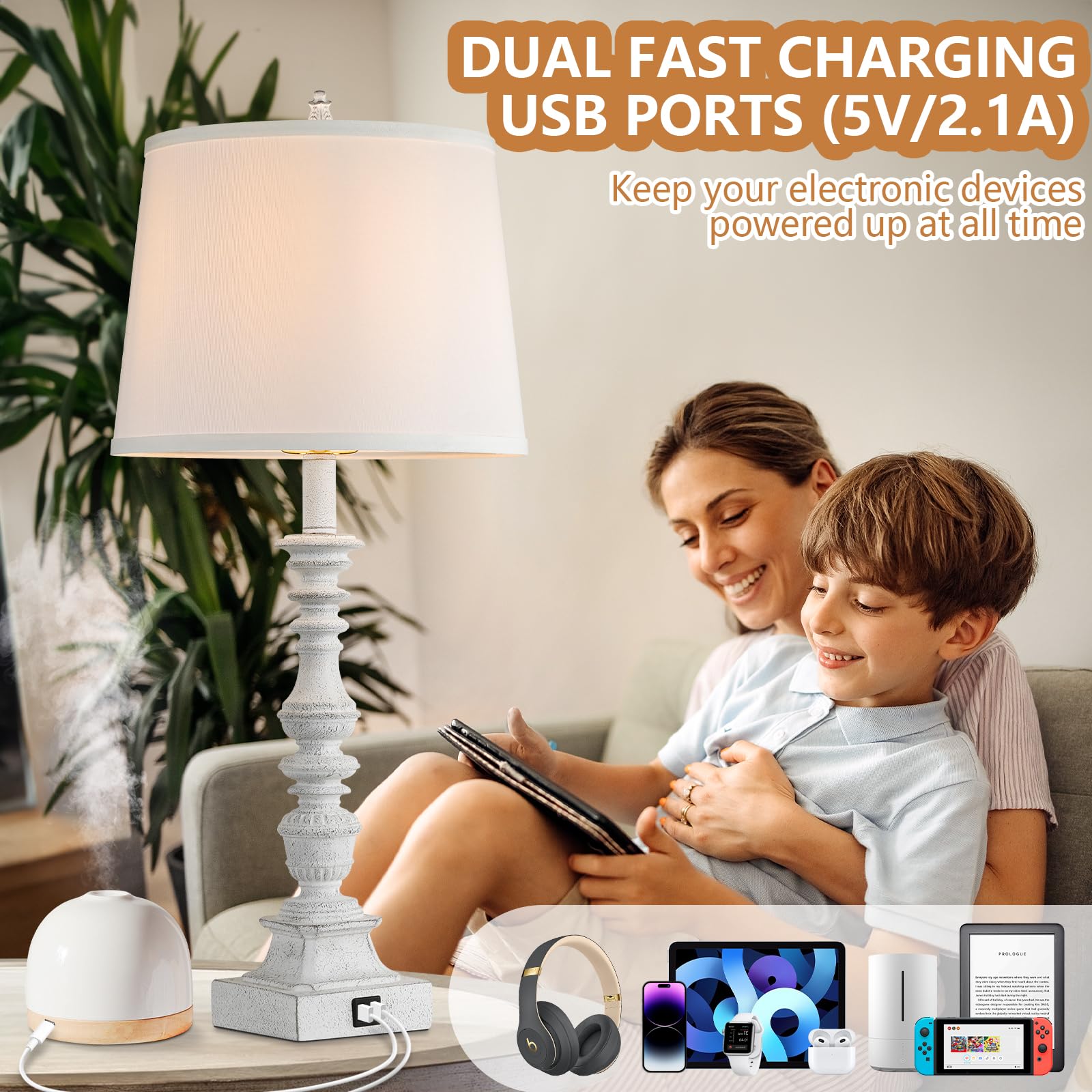 Gobright 27.5&quot; Farmhouse Table Lamps Set Of 2, Rustic Usb Charging Bedside Lamps, Cream White