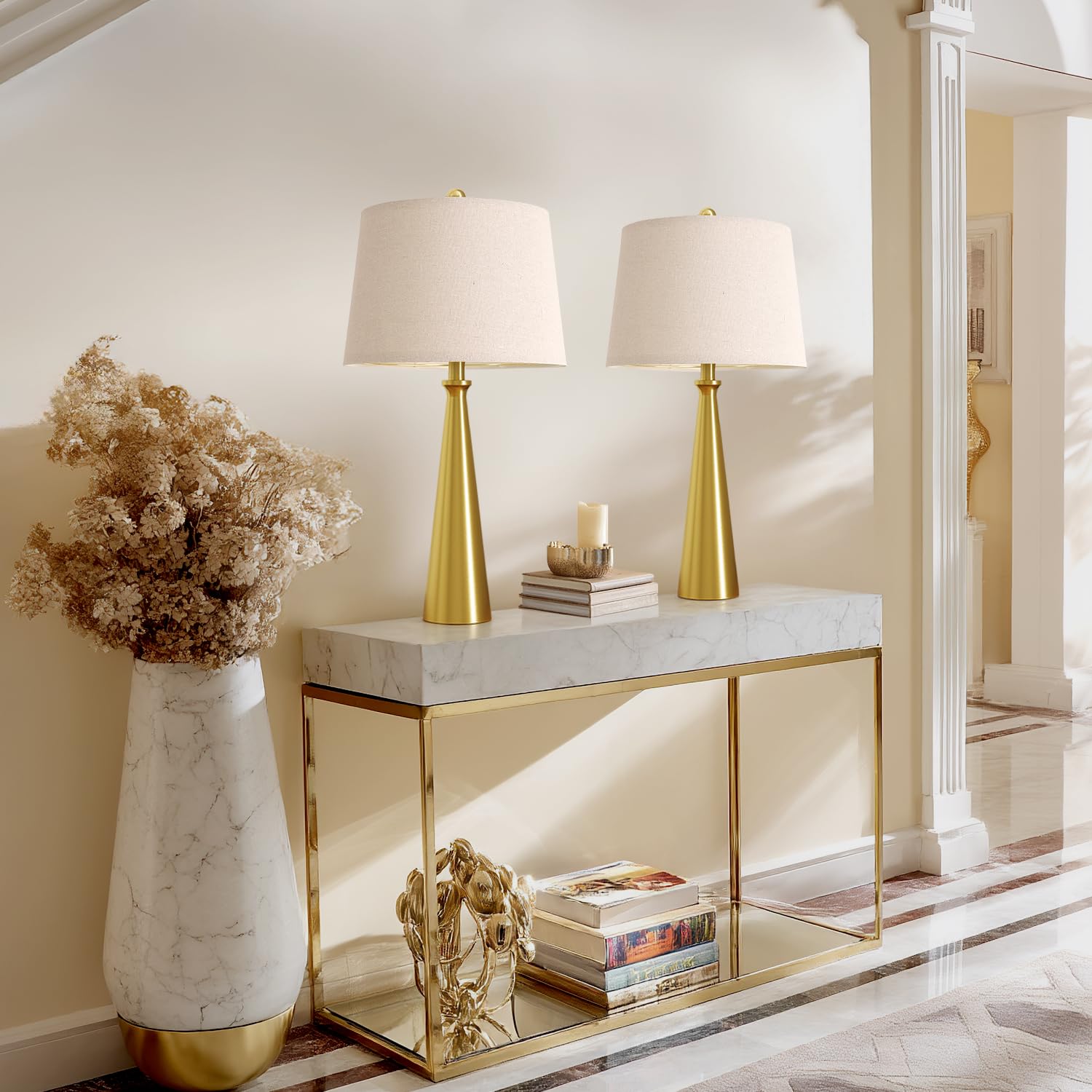 Oneach 25.75'' Modern Table Lamp Set Of 2, Bedside Lamps With Usb Ports, Brass Gold Nightstand Lamps Set For Living Room Bedroom