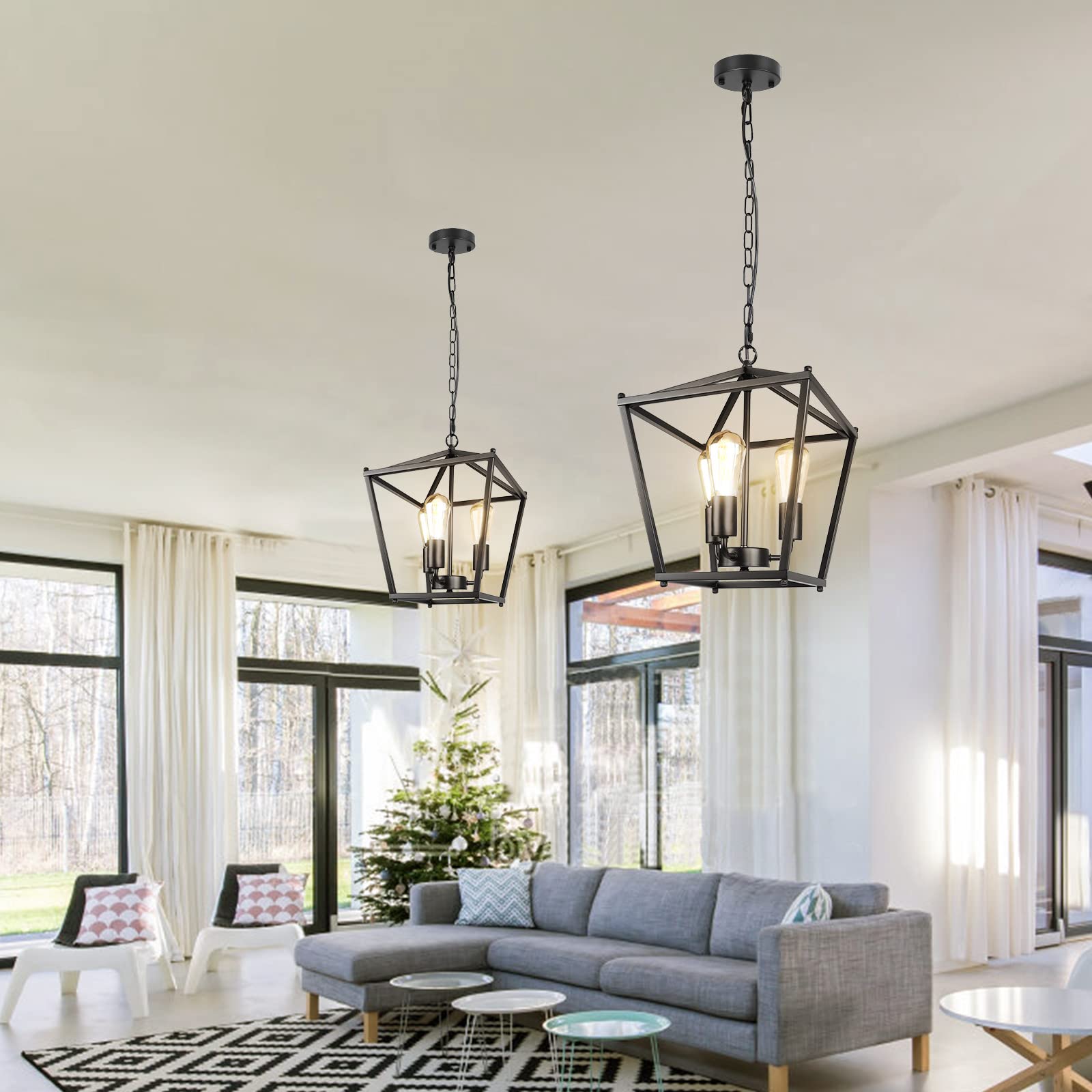 Unicozin Black Lantern Pendant Light, 3-Light Metal Chandelier, Adjustable Height, Geometric E26, KD-9104s