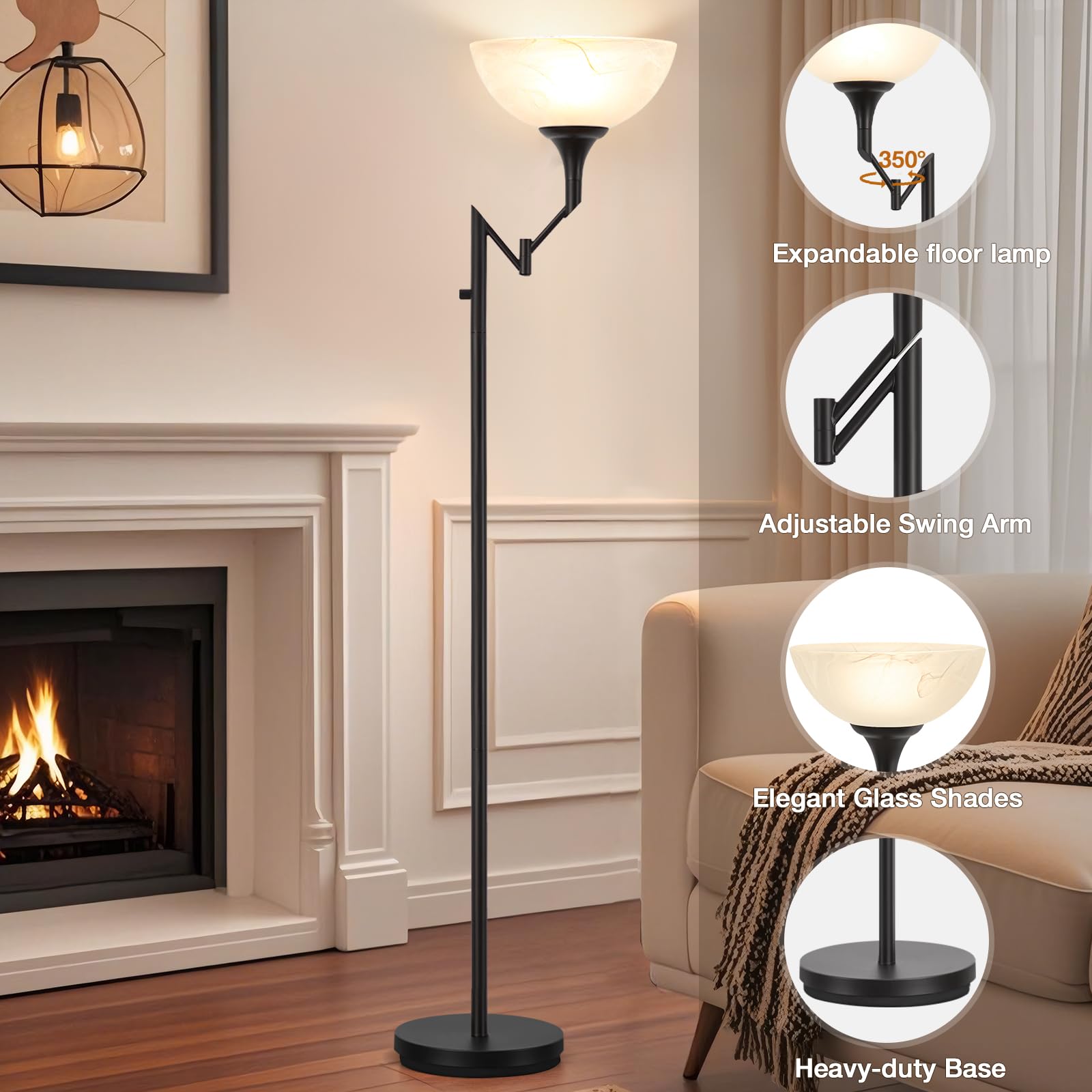 EJIAXIN 70" Black Torchiere Floor Lamp with Glass Shade & Adjustable Swing Arm, Model 8002 - Ideal for Living Room & Office