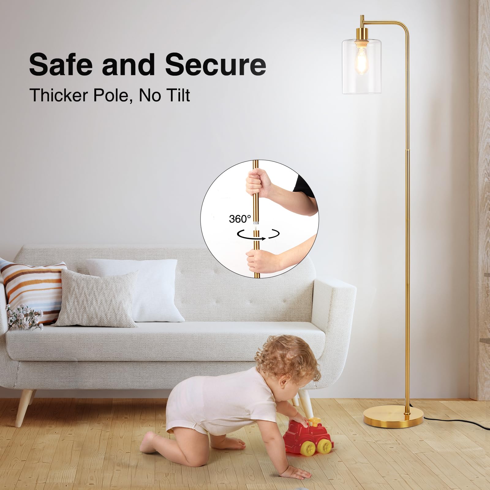Litake Industrial Floor Lamp, Dimmable Modern Standing Lamp, Gold, Metal, KL-F014(GOLD), with Clear Glass Shade and Remote Control
