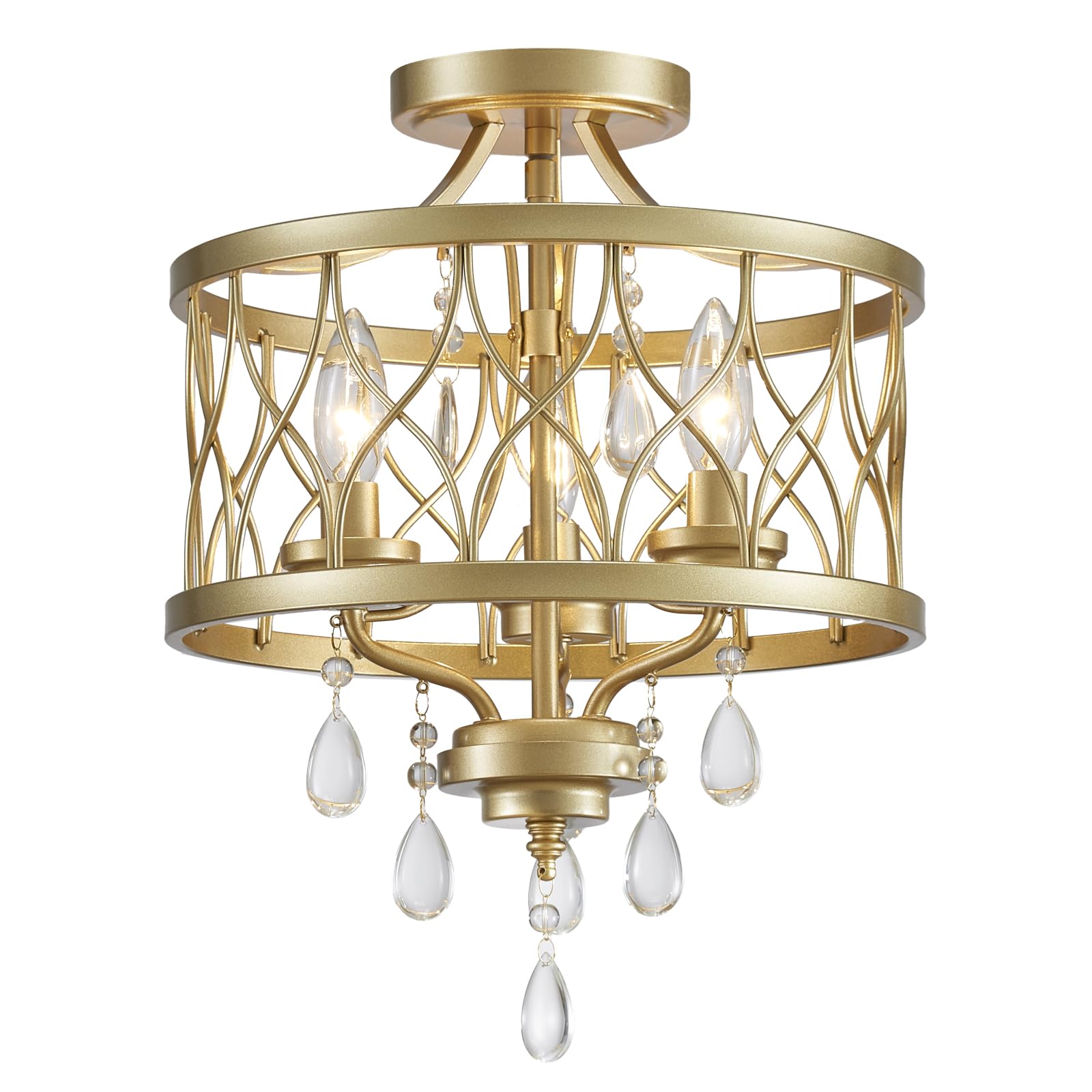 Farmhouse Crystal Ceiling Light Fixture  3-Light Semi Flush Mount Crystal Chandelier Light Fixture Rustic Vintage Gold Pendant Ceiling Lamp for Hallway Corridor Kitchen Entryway Bedroom Living Room