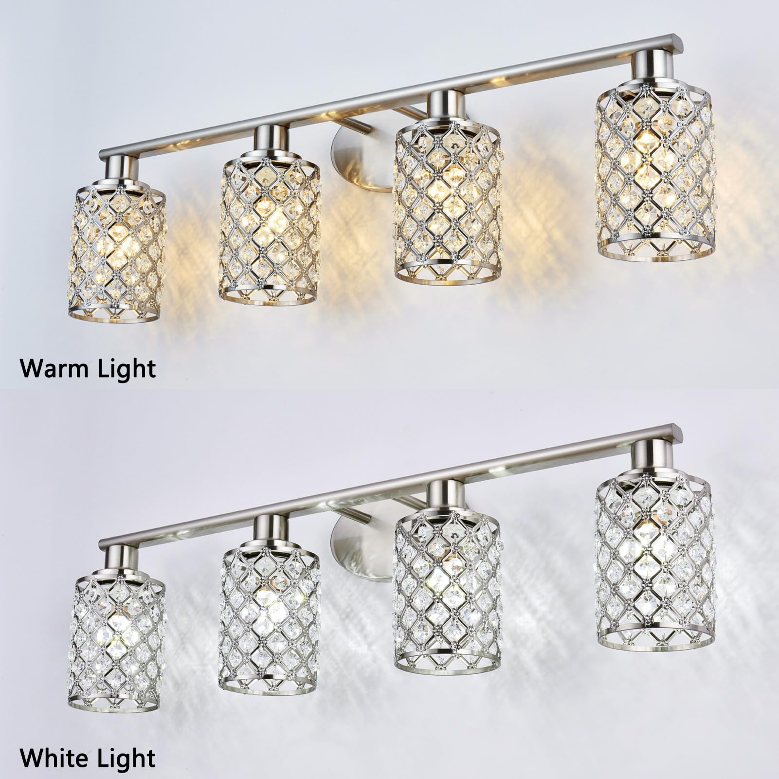 4 Light Bathroom Light Fixtures, Modern Farmhouse Vanity Light,Brushed Nickel Bathroom Lights Over Mirror,Crystal Vanity Lighting Fixtures For Bathroom,Powder Room