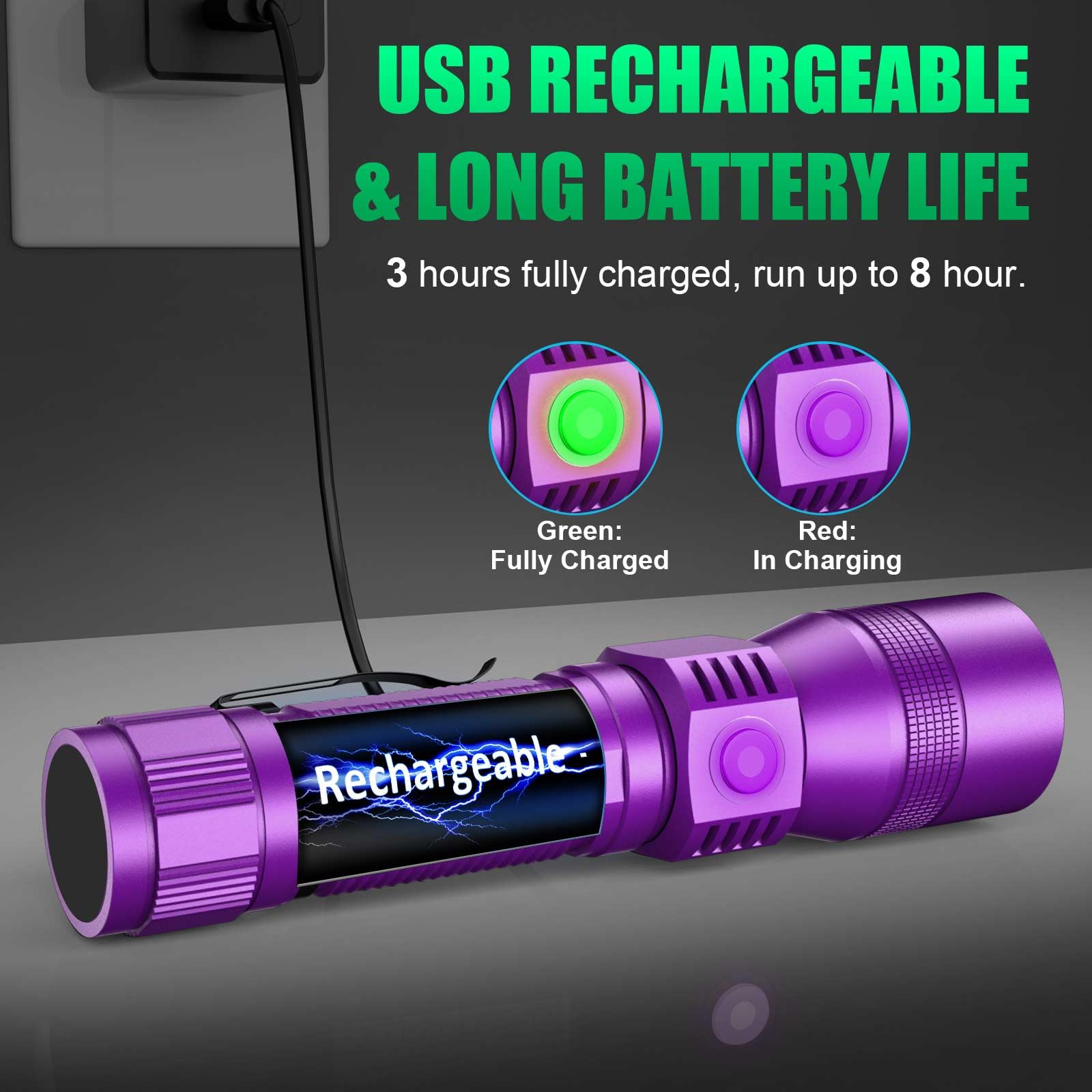 AdamStar 3-in-1 Rechargeable Black Light Flashlight, UV LED, 7 Modes, Waterproof, Aluminum, Black + Purple with Case, Model 016
