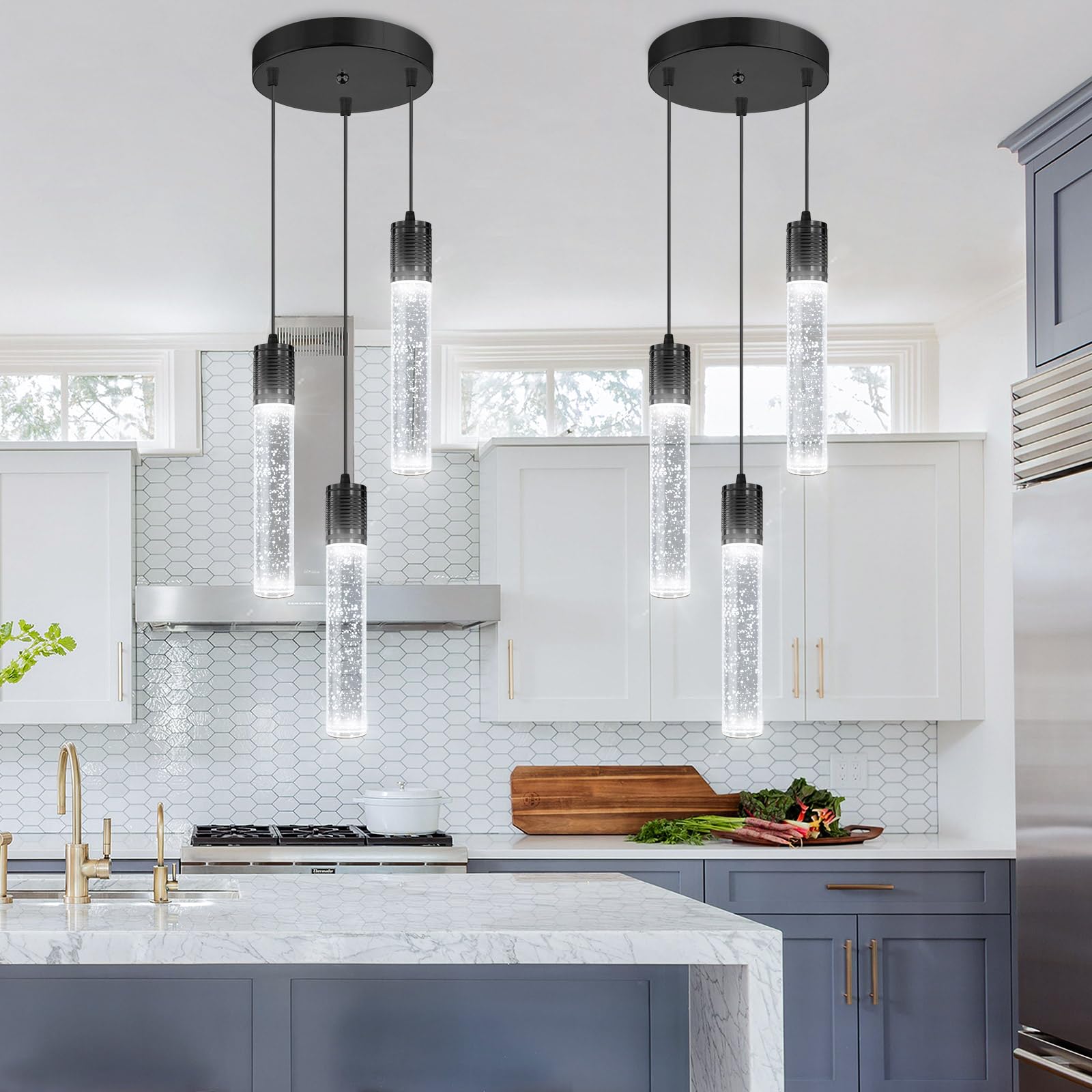 dolria 3-Lights Pendant Light Fixture, Black Crystal Chandelier for Kitchen Island & Dining Room, Model PC0019, 6000K White Light