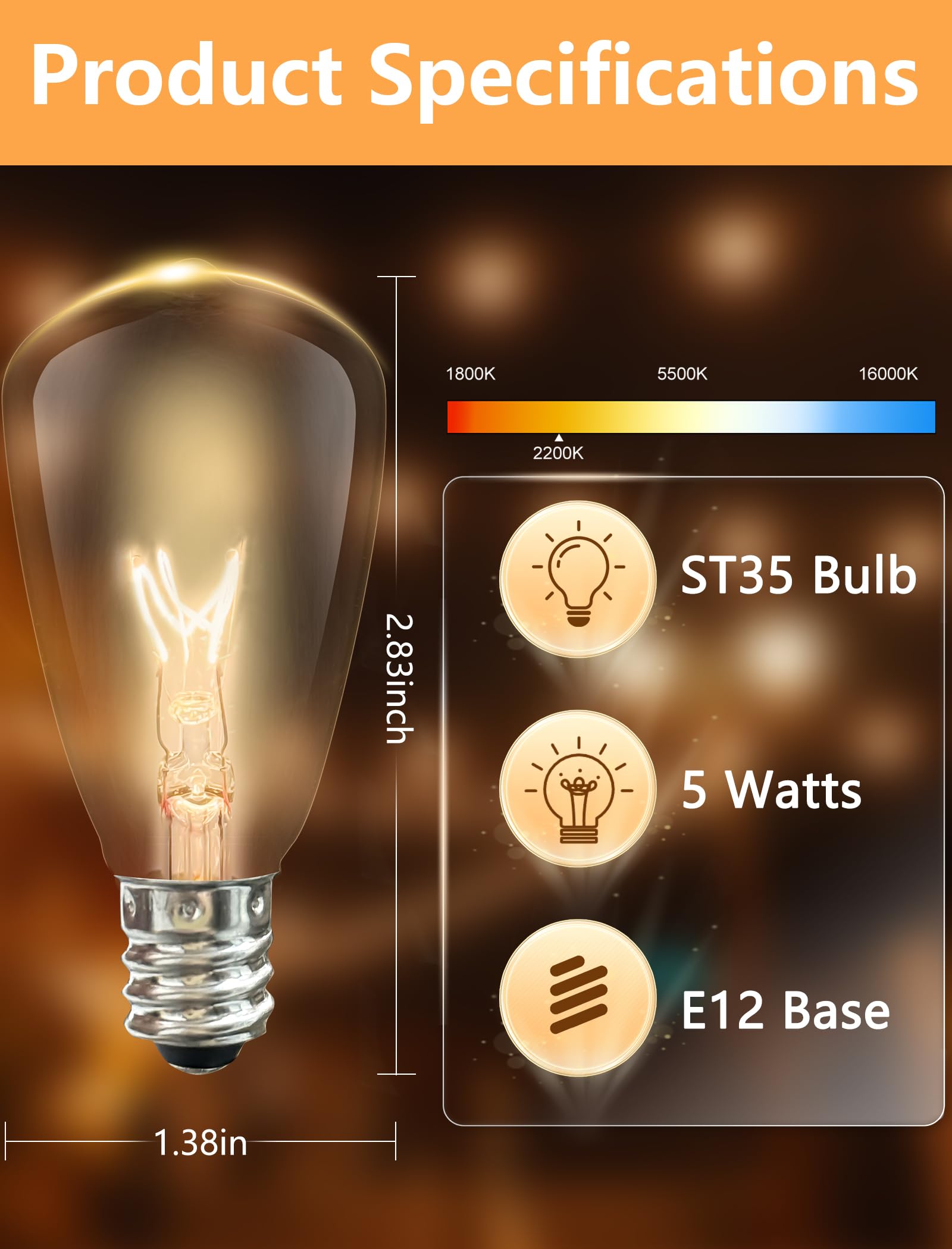 25 Pack Edison Light Bulbs, St35 Clear Glass Light Bulb Replacement, 5W E12 Screw Base Light Bulbs For Outdoor String Lights Pat