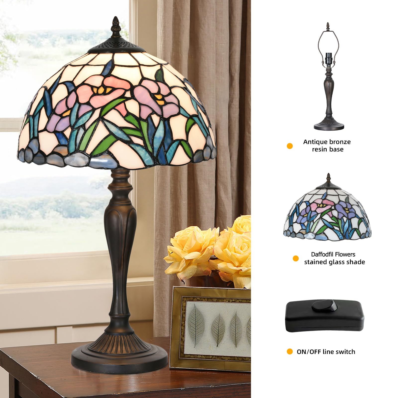 Homebeauty Tl0004 Tiffany Table Lamp Stained Glass Bedside Lamp Daffodfil Flowers Design Reading Desk Light 12X21.5 Inches For B