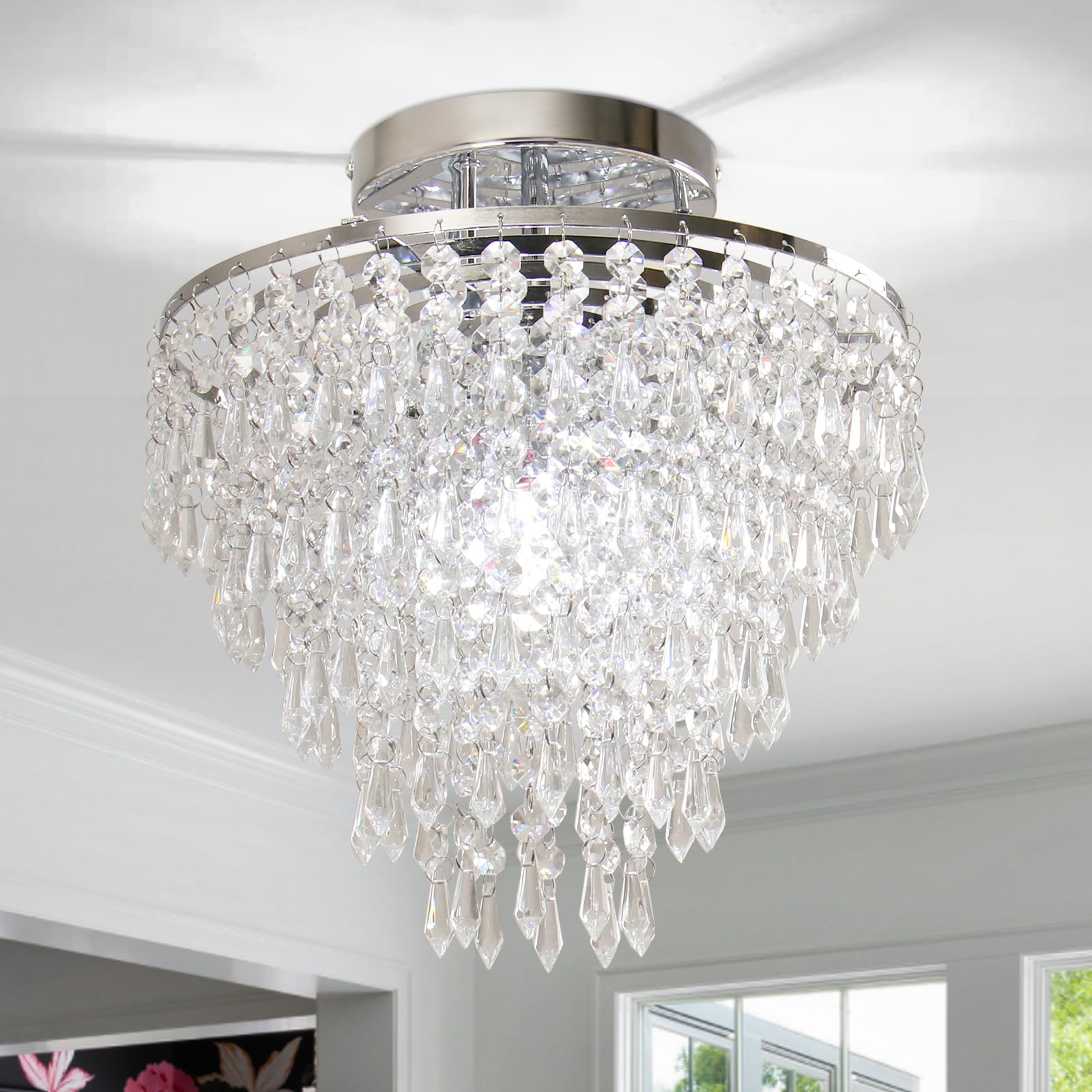 FRIXCHUR 11.8'' Crystal Chandelier Chrome Flush Mount Ceiling Light 5 Tiers Raindrops Silver Chandeliers for Bedroom Hallway Liv
