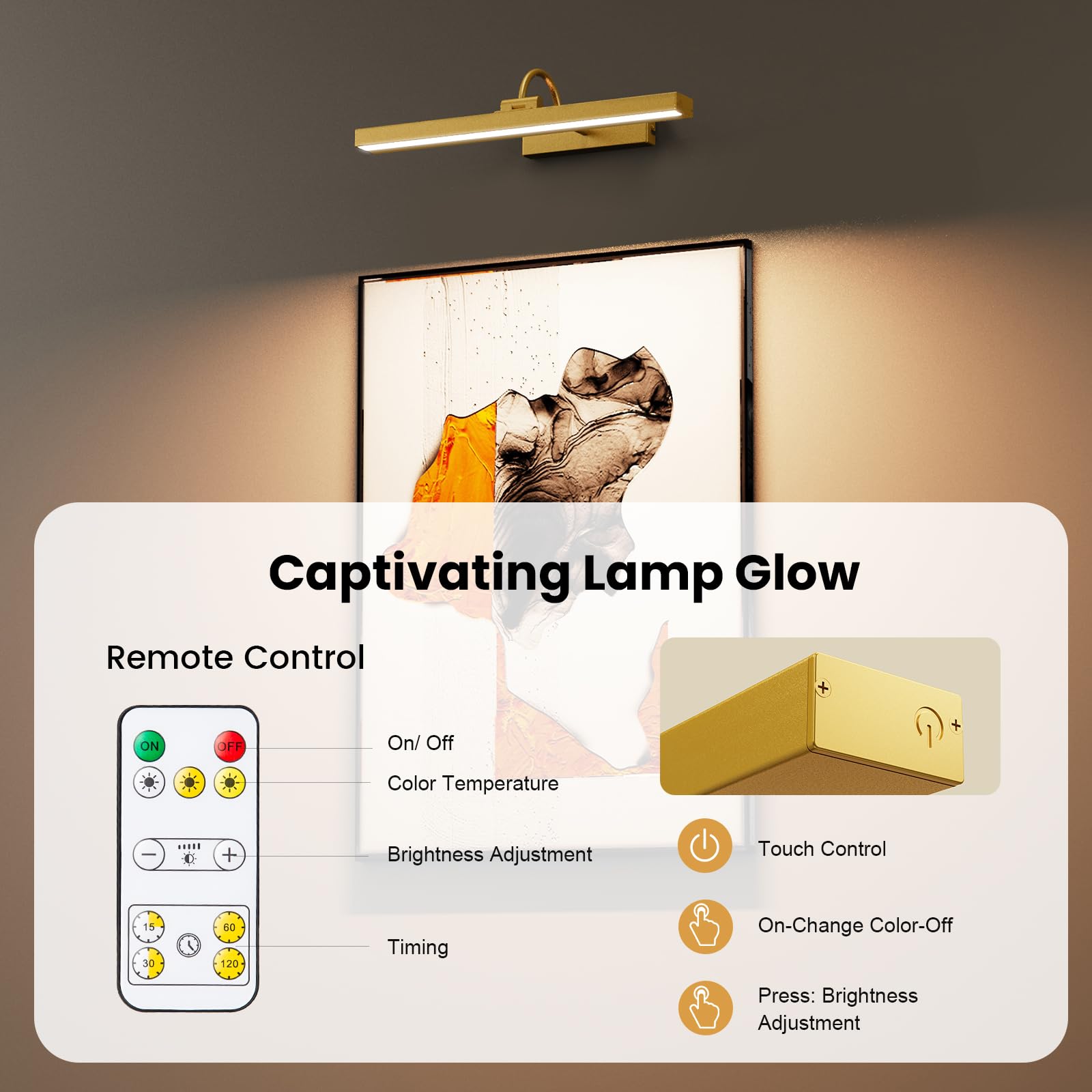 Bridika Picture Light 2 Pack, Rechargeable Wall Lights, Dimmable, Timer, Remote Control, 15.7in, Aluminum, Gold, Model QS31088