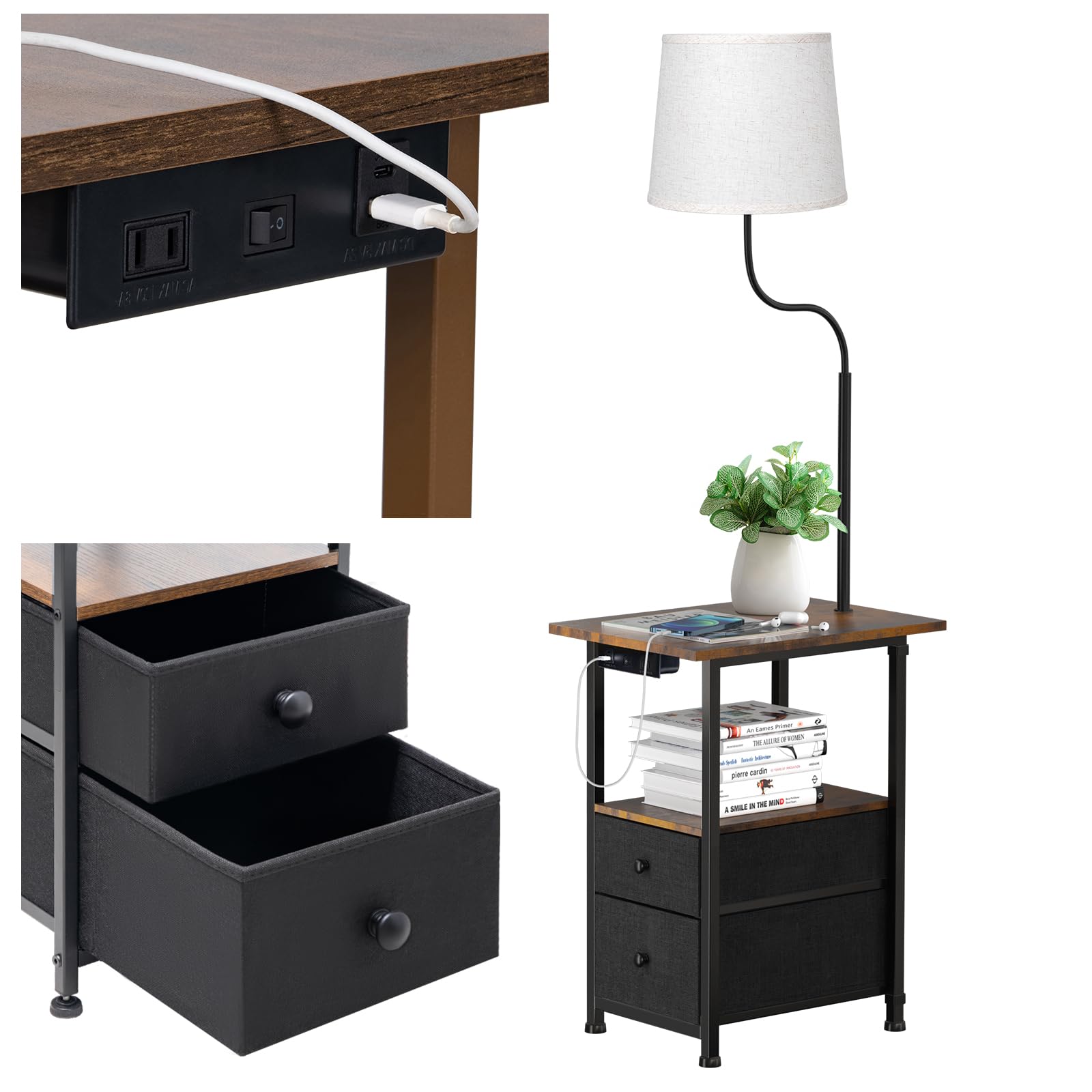 addlon Floor Lamp with Side Table, Nightstand with Charging Station, 3 Color Temperatures 9W LED Bulb, Floor Lamps for Living Room, Bedroom, Storage End Tables Living Room - Vintage