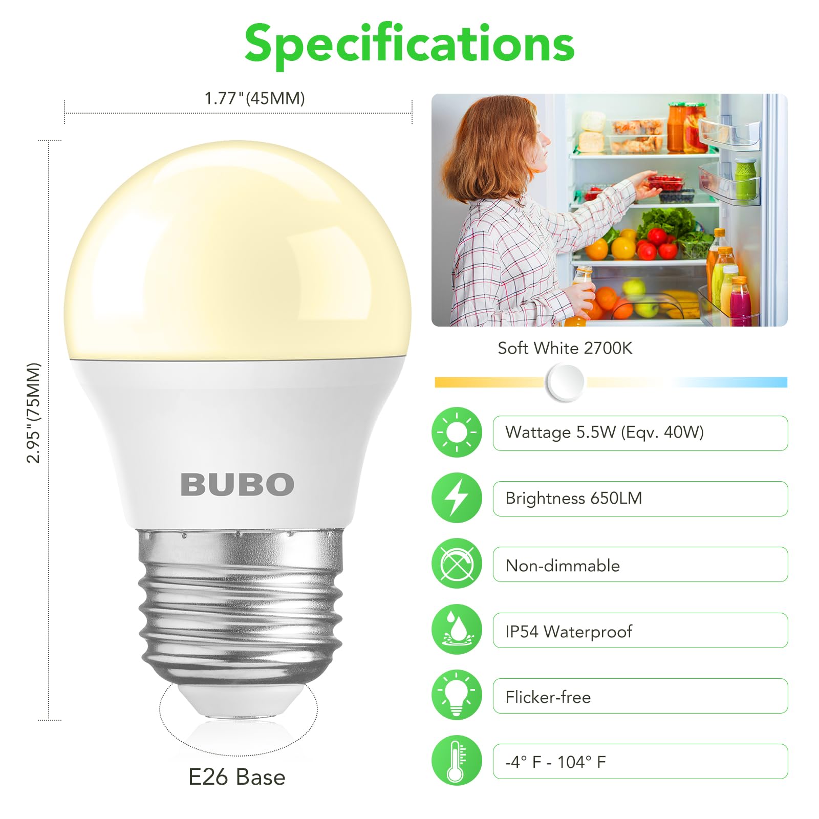 Bubo Led Refrigerator Light Bulb 40 Watt 120V, Appliance Bulb Soft White 2700K, Fridge Light Bulb Waterproof, A15 Light Bulb, E2
