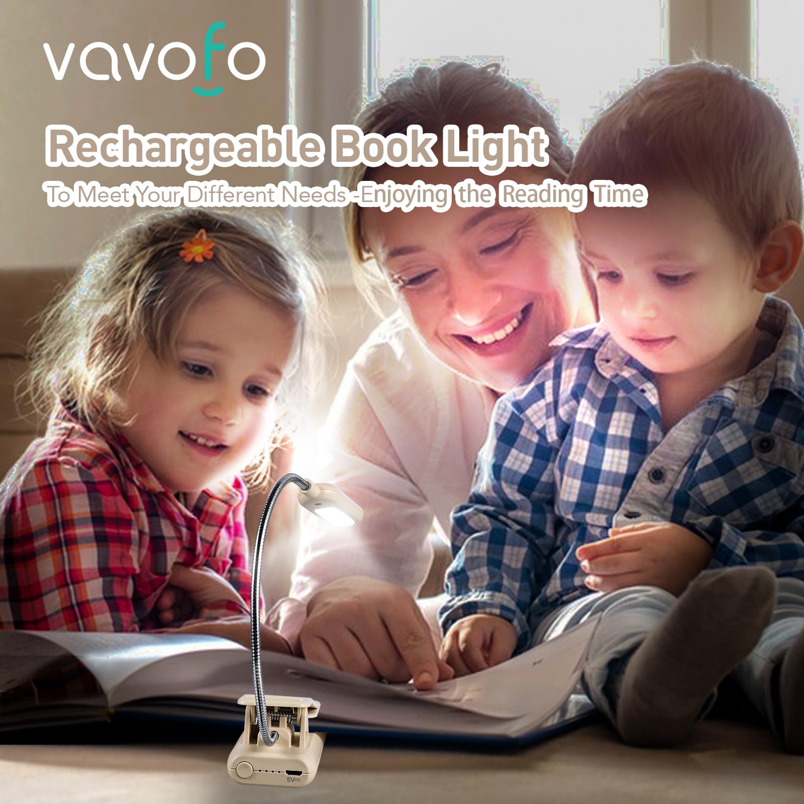 VAVOFO Rechargeable Book Light - 7 LED, 9-Level Brightness, Compact Khaki, Eye Care Lamp, Model KM-6720 for Reading in Bed