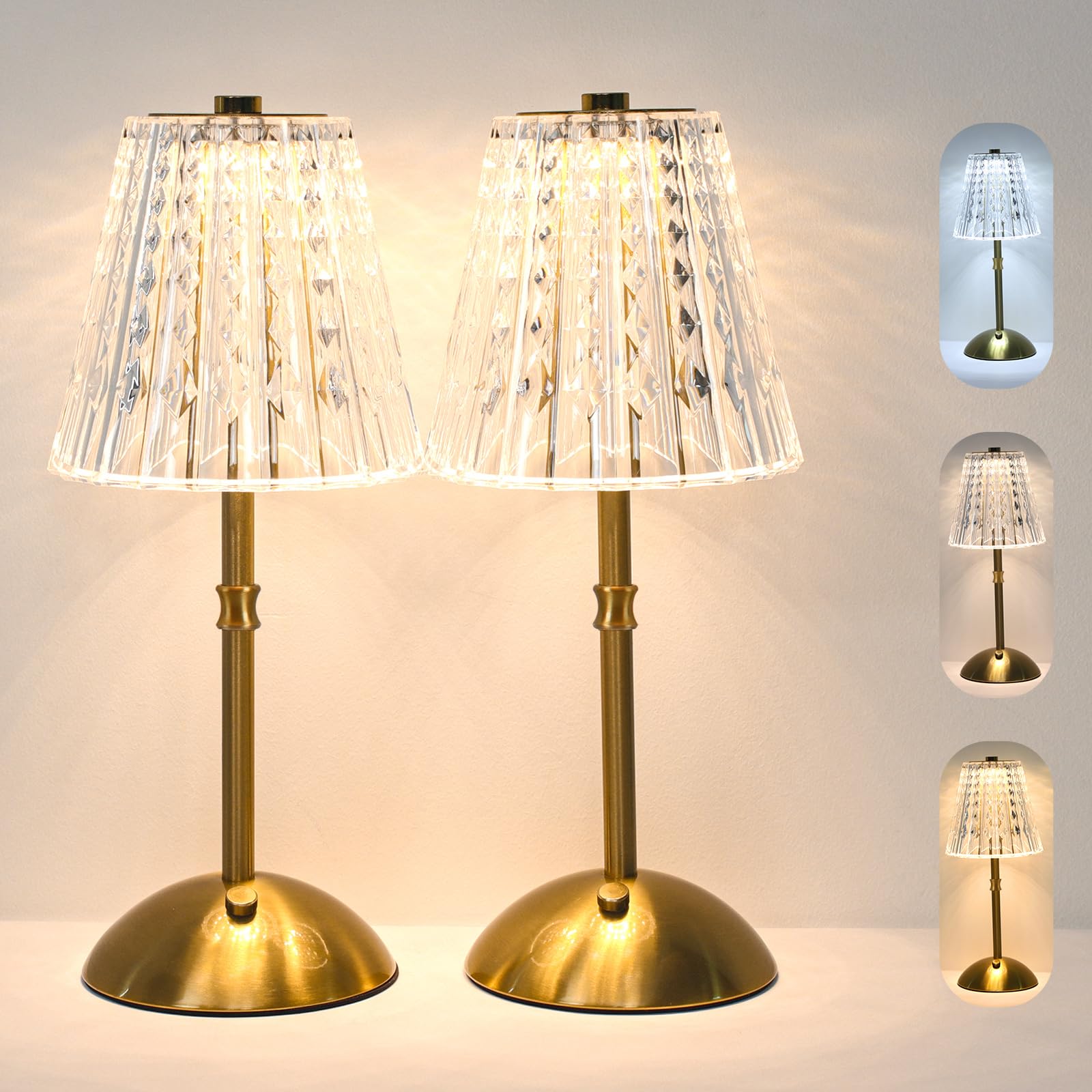 Gkeiten 2 Pack Touch Cordless Table Lamp Rechargeable, 3600mAh Battery Operated Small Crystal Lamp, 3 Color Dimmable Vintage Gol