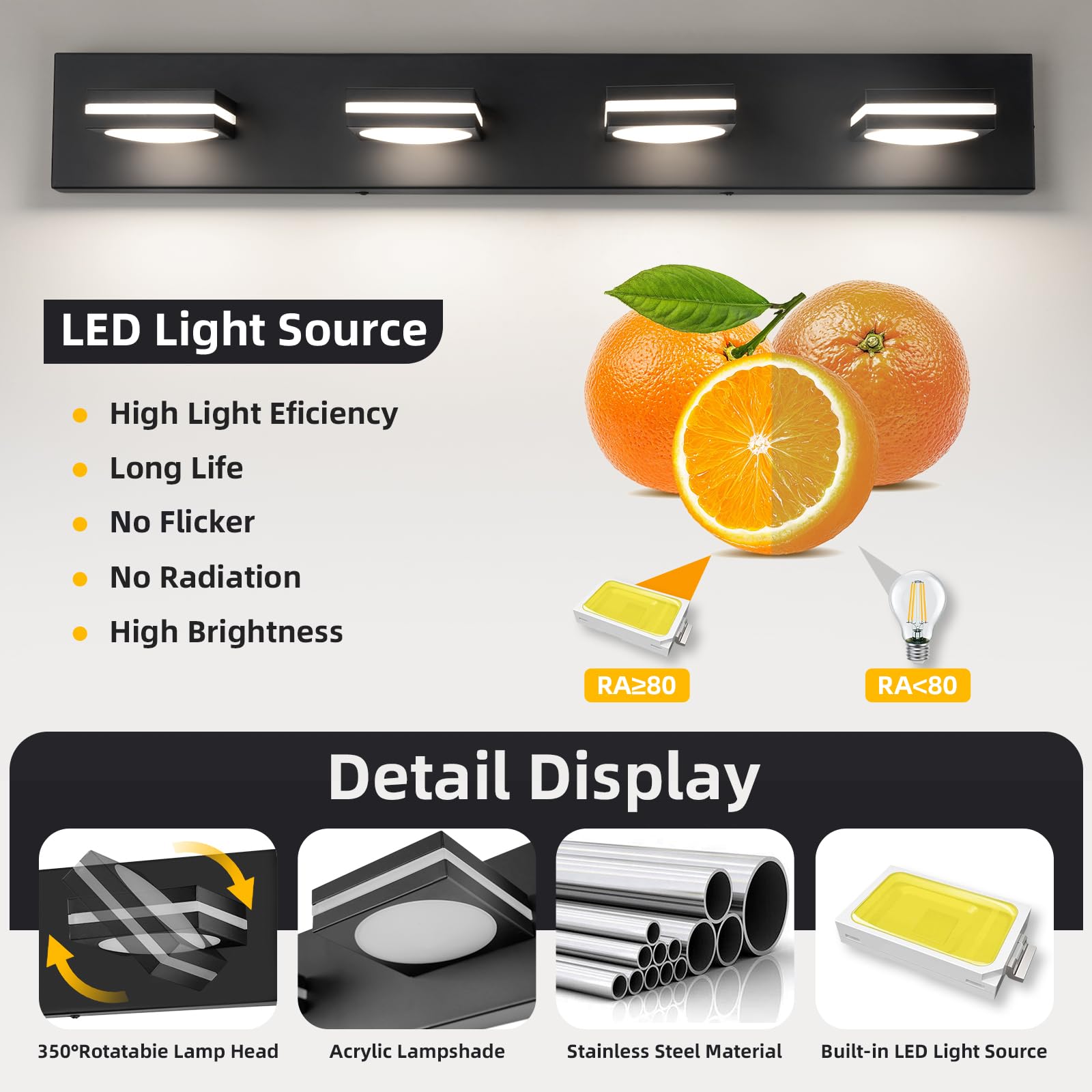 Okeli 4-Light Led Bathroom Vanity Light Fixtures  Matte Black Modern Bathroom Wall Lighting Fixtures Over Mirror (3Cct  3000K-6000K)