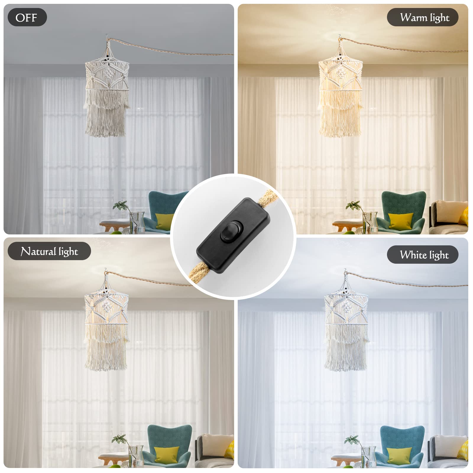 Boho Plug In Pendant Light, 15Ft Hanging Lights With Plug In Cord, Pendant Lights With Handmade Macrame Lamp Shade, Hemp Rope Cord And On/Off Switch, Hanging Lamp For Boho Bedroom Decor Living Room