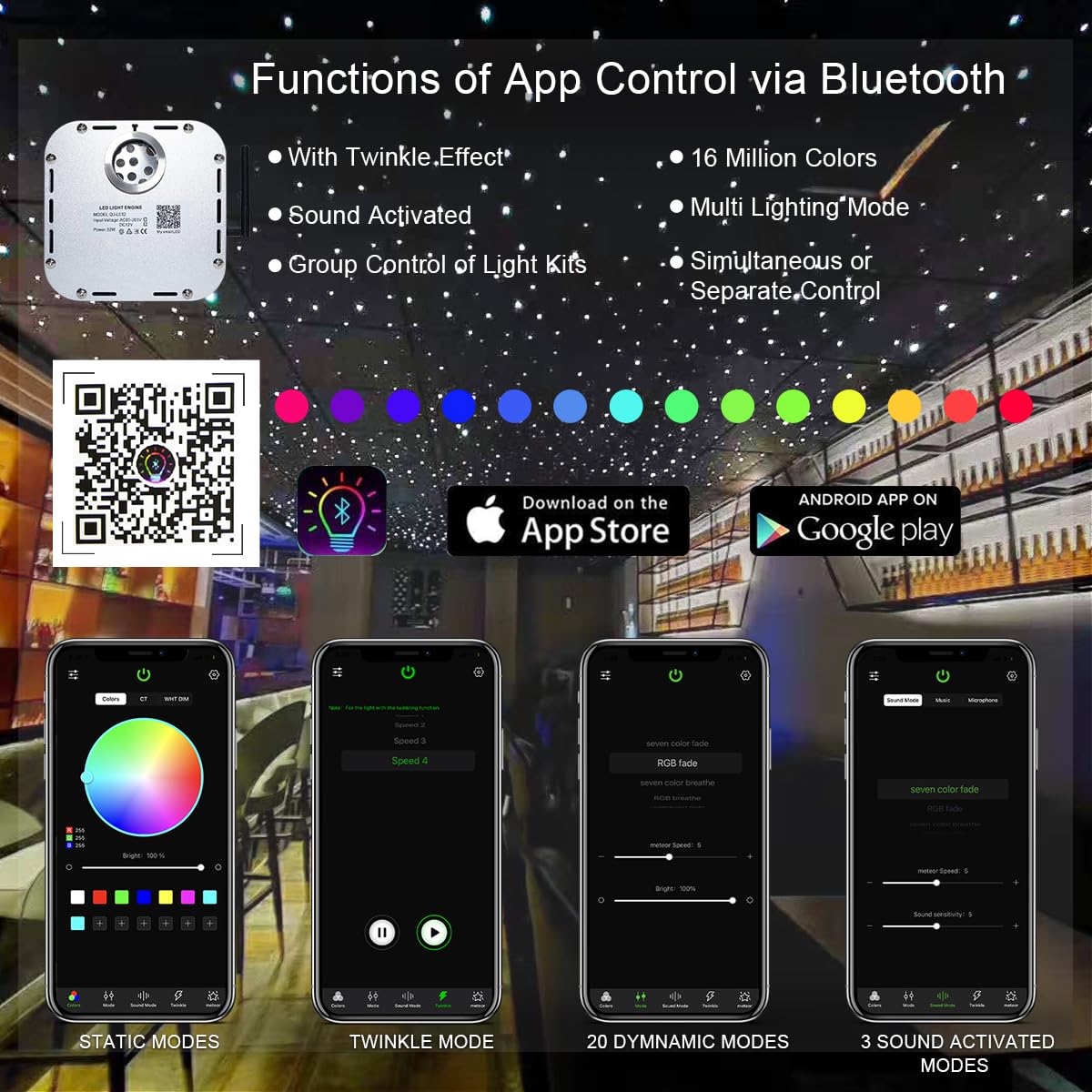 AKEPO Fiber Optic Light Engine, Bluetooth Control, Music Activated, 32W Twinkle, Multicolor, Model QJ-L032