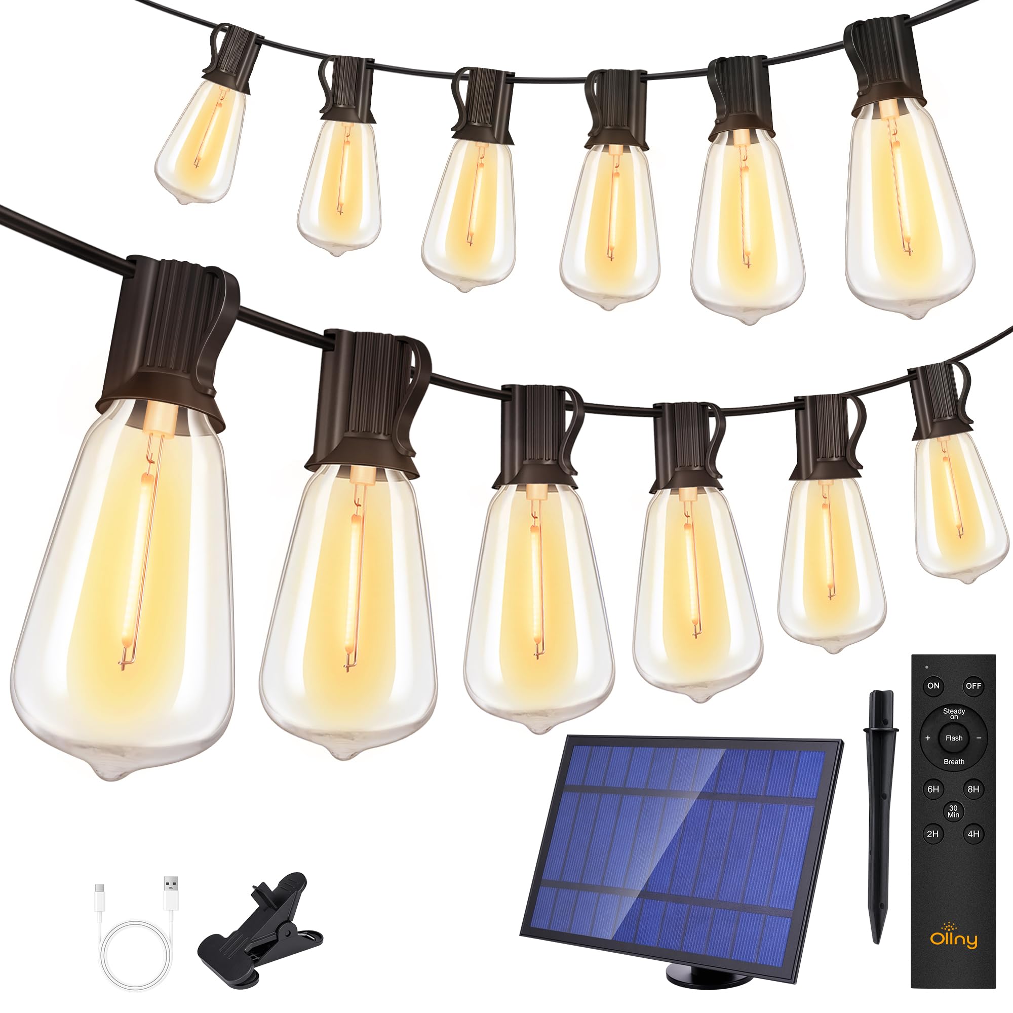 Ollny Solar String Lights, 50+2 LEDs, 100FT, Warm White, USB & Solar Charging, Waterproof, Model NYD050B