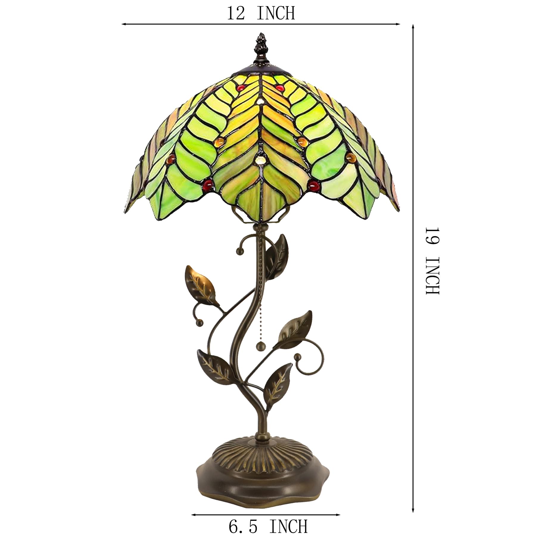 Lxhcyou Tiffany Table Lamp, Stained Glass Desk Light, W12H19 Inch, Metal Leaf Base (Brown Green Leaf)