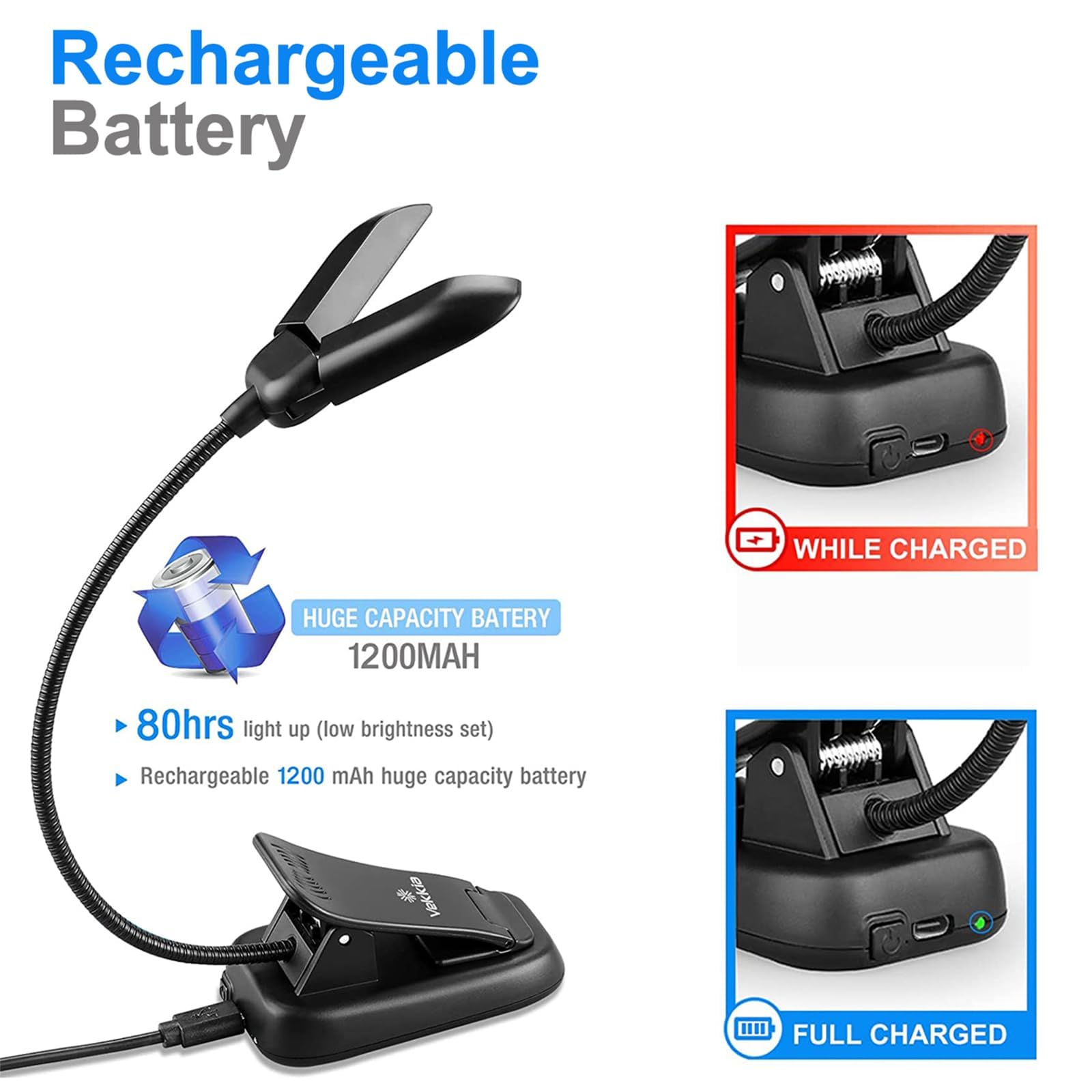 Vekkia 14 LED Rechargeable Book Light, Adjustable 180°, Eye-Care, Black, 4.0x3.0x2.6 in, Model BL-14, Perfect