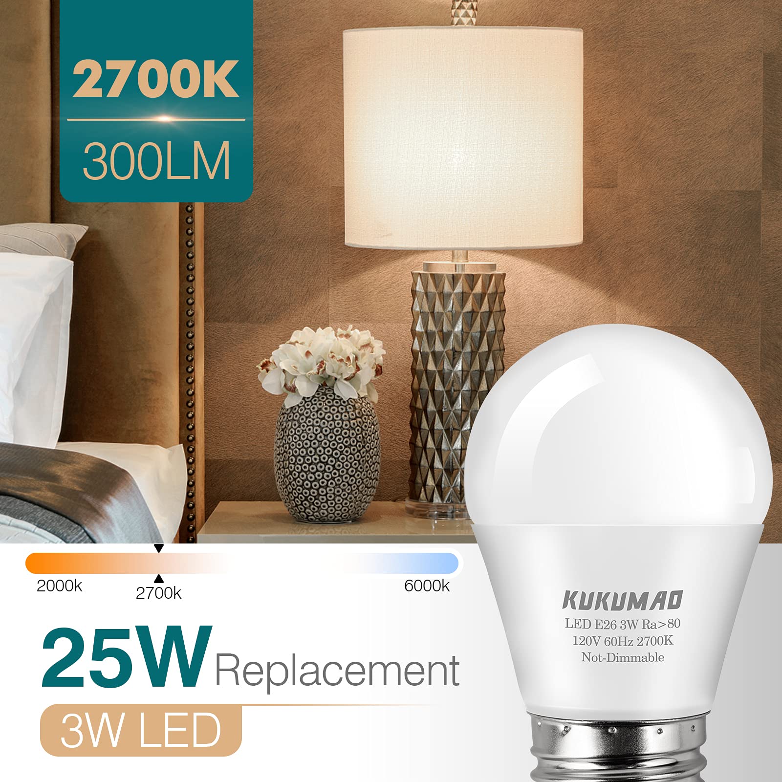 Kukumao Led Light Bulb, A15 3W 25W Equivalent, Warm White 2700K, 6 Pack, E26 Medium Screw Base, Energy Saving, For Home Light Bu