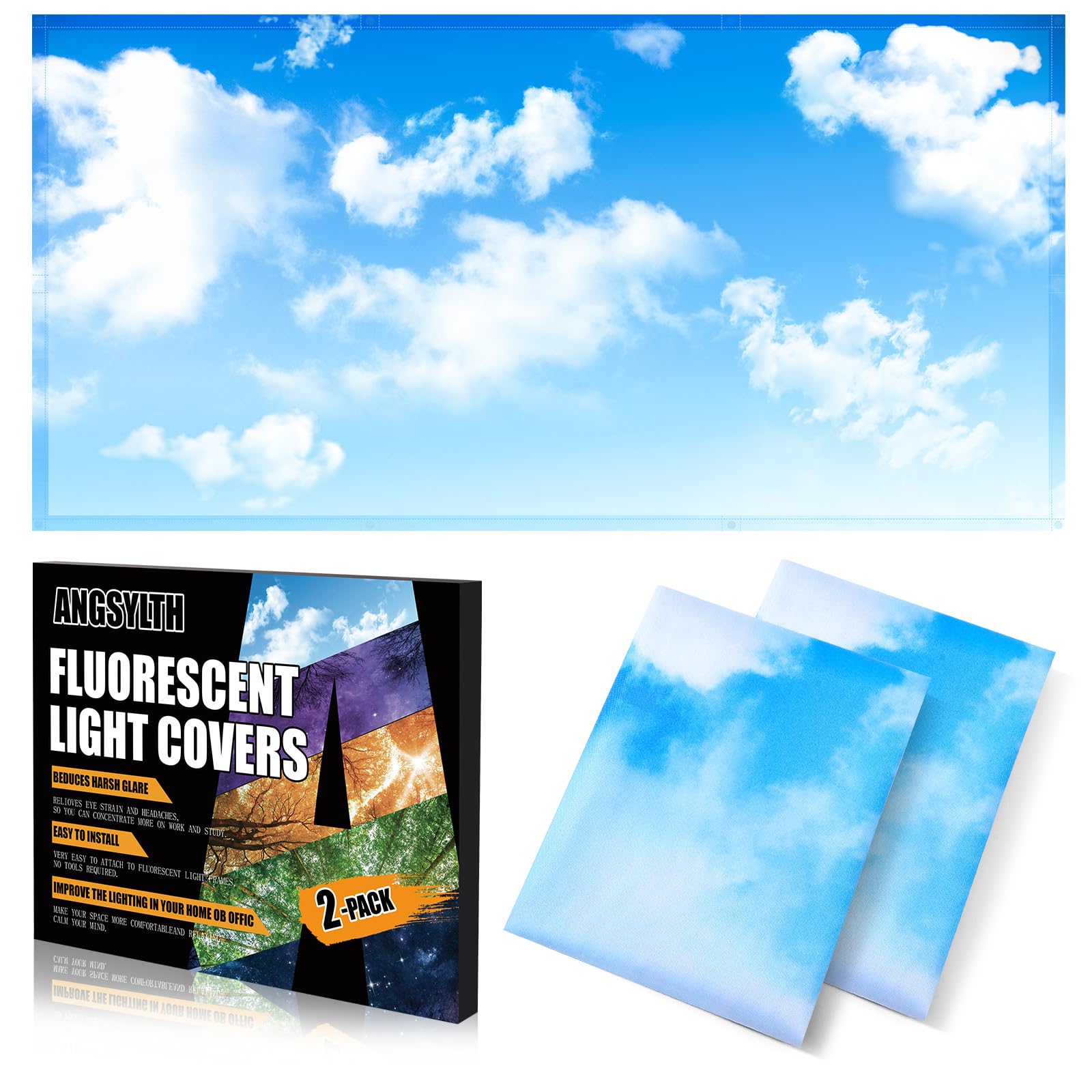 ANGSYLTH Fluorescent Light Covers - Magnetic Filters, 4x2 Feet, 2 Pack, Blue Skies & White Clouds