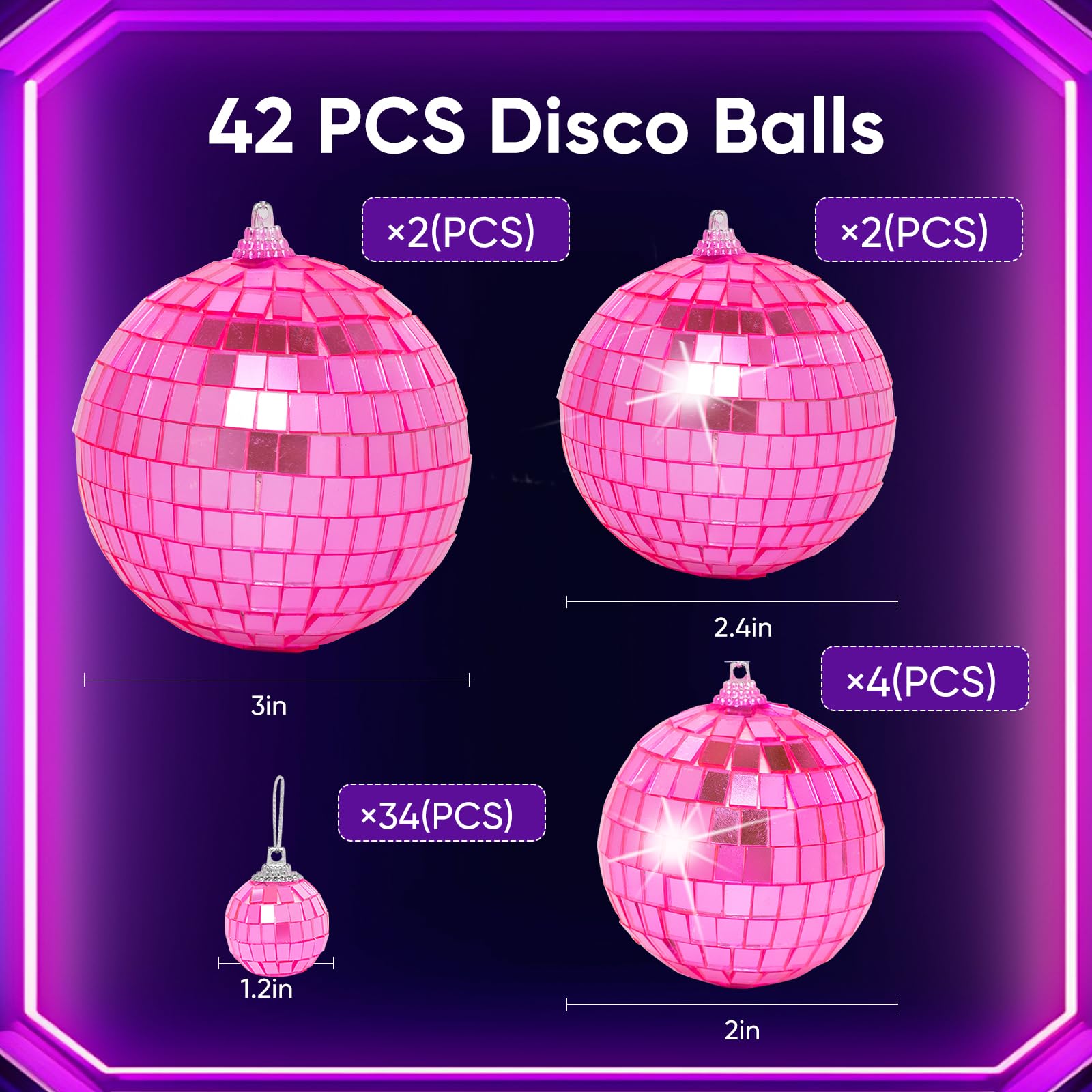 Pink Mini Disco Ball Decor: 42 Pack Hanging Mirror Ball Ornaments Different Sizes - Disco Balls Decorations Bulk For Party Christmas Tree Cake Room Birthday(1.2 Inch  2 Inch  2.4 Inch  3 Inch)