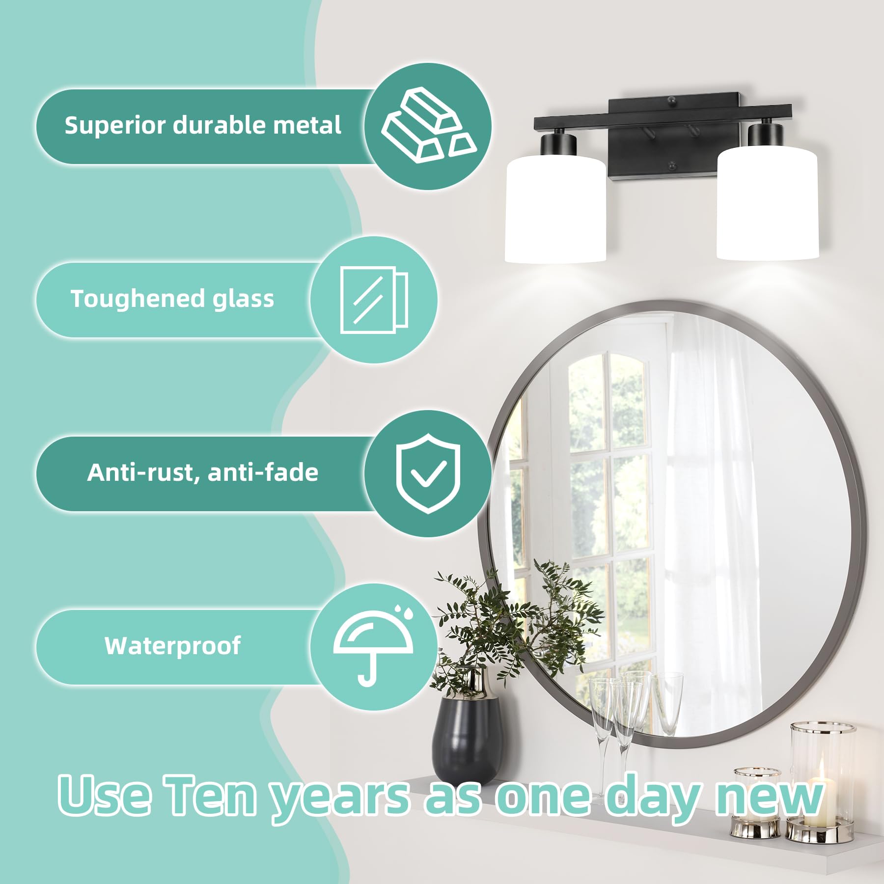 SILAMPDI 2-Light Bathroom Vanity Light Fixtures, Black Finish, Metal, Milky White Glass Shades, Model SLD-JQD-001