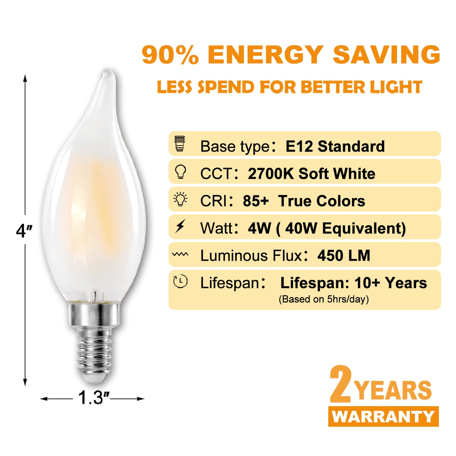 Decoaui E12 C11 LED Candelabra Bulbs, 4W Dimmable Frosted Glass, 2700K Soft White, 450 Lumens, 6-Pack