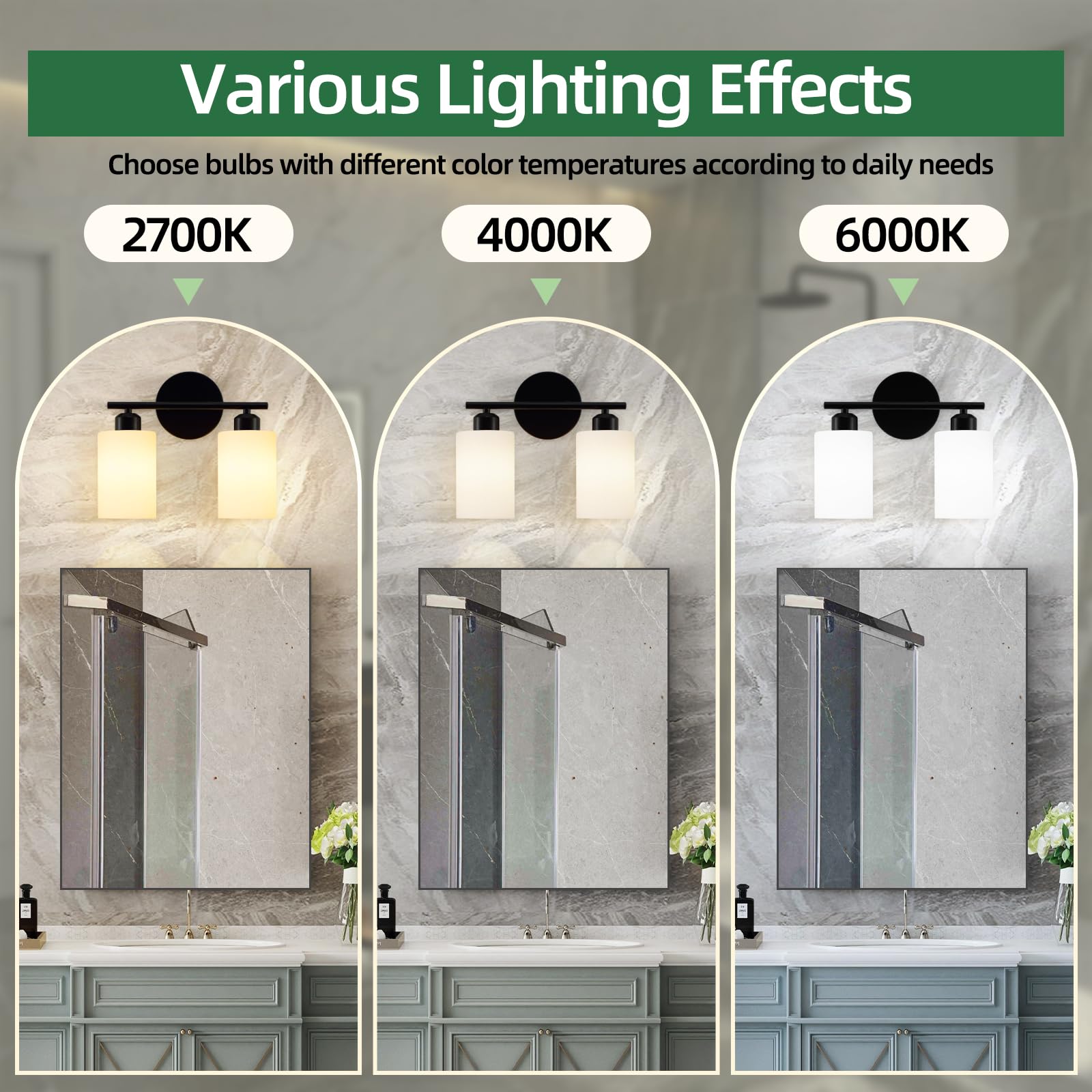 Seable 2-Light Bathroom Light Fixtures, Black Modern Vanity Lights With Milky White Frosted Glass Shades, Wall Sconce Light For