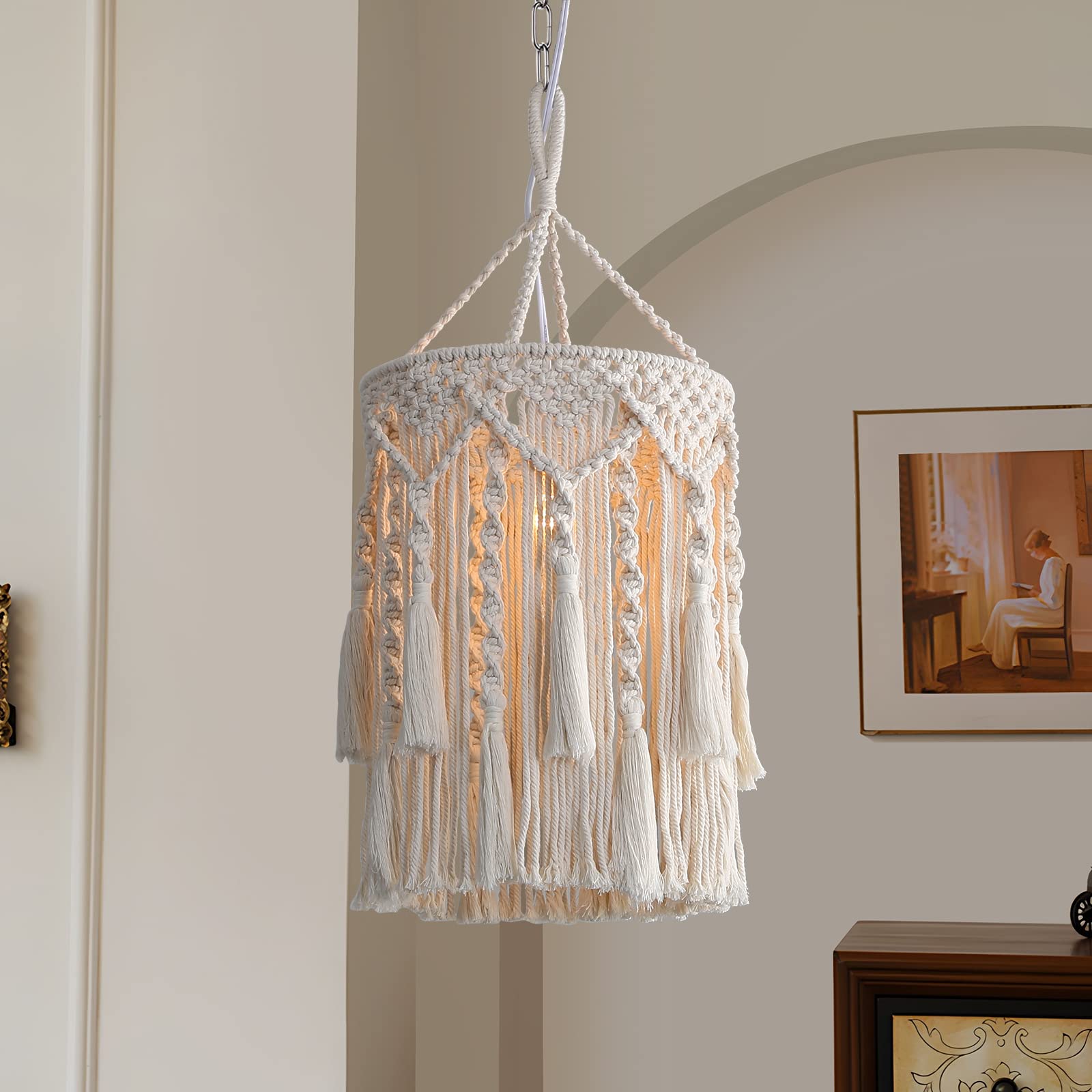 Bioaqua Boho Lamp Shade, Handmade Macrame Pendant Light, Type 3, Cotton for Bedroom and Living Room Decor