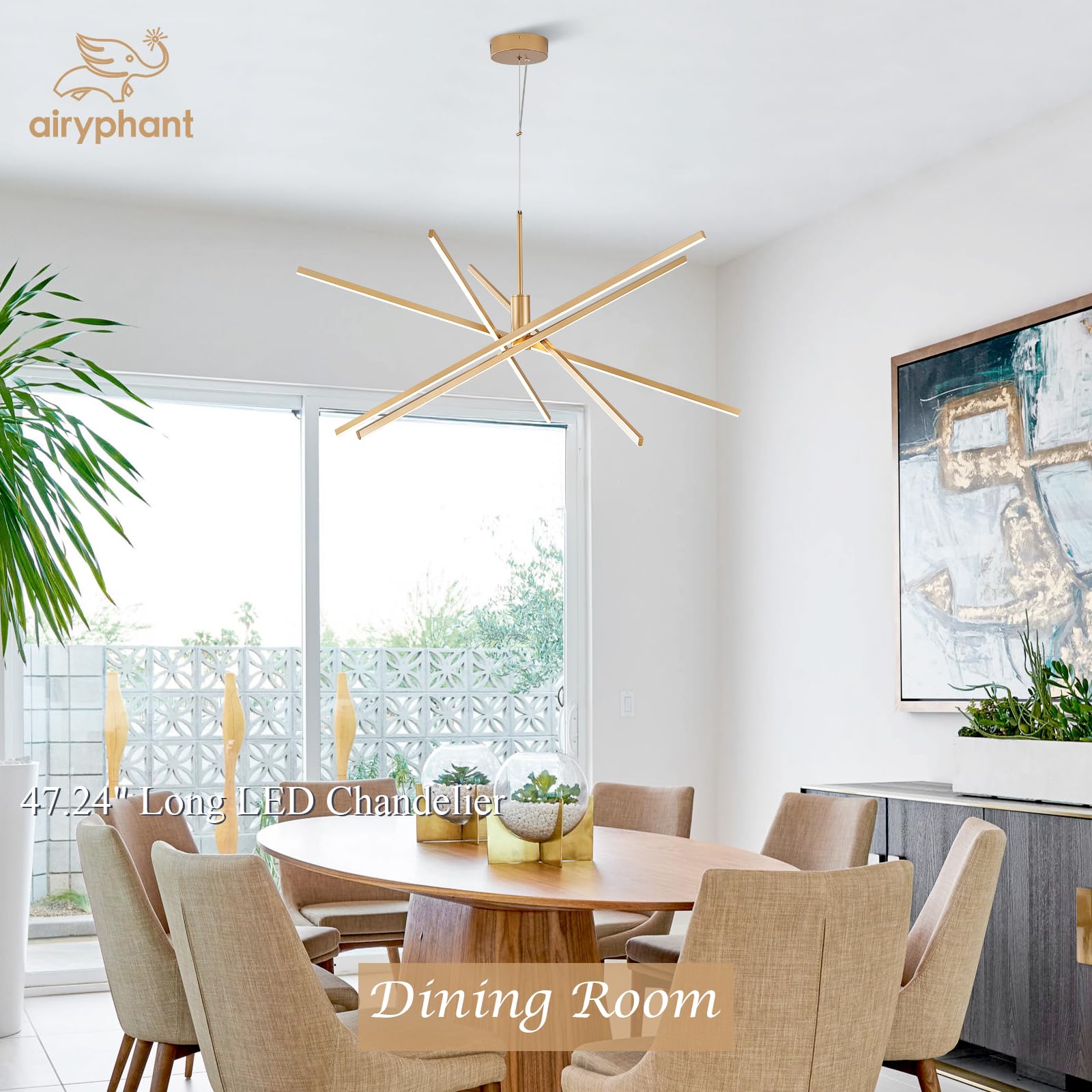 AIRYPHANT Gold Chandelier - 47" Modern Remote Control Light Fixture for High Ceilings, 5 Lights, Metal Design, Perfect for Living Room or Foyer