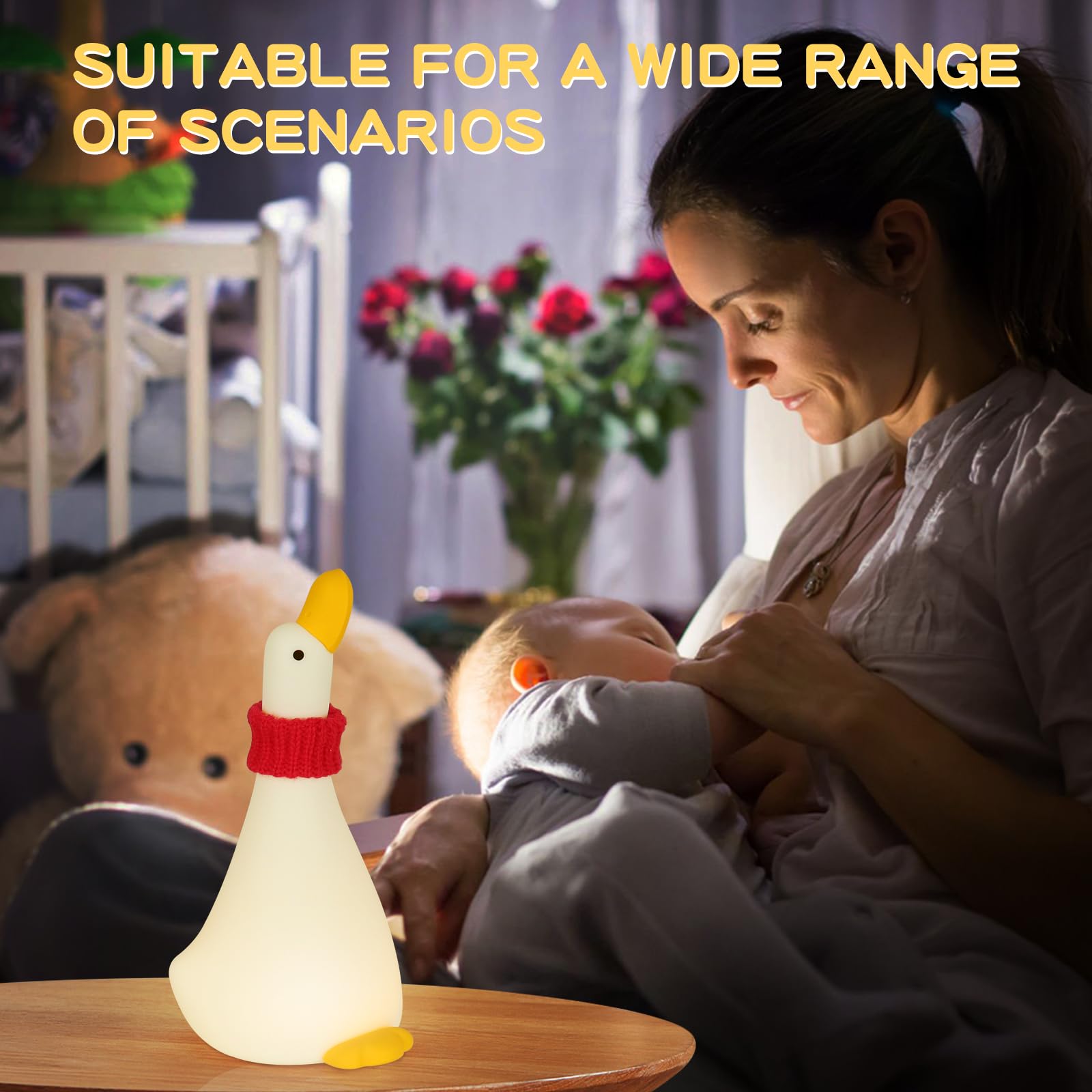 Cute LED Duck Night Light, Rechargeable Silicone Squishy Light Up Duck Lamp, 3-Level Dimmable Nursery Night Lights for Toddler B