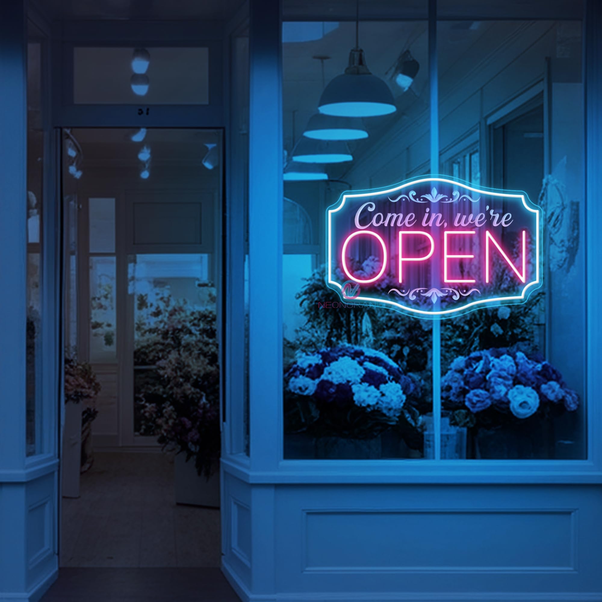 NEONGRAND LED Neon Open Sign - Adjustable Brightness, 16.5x11in, Pink and Ice Blue, Acrylic Decor for Business and Parties