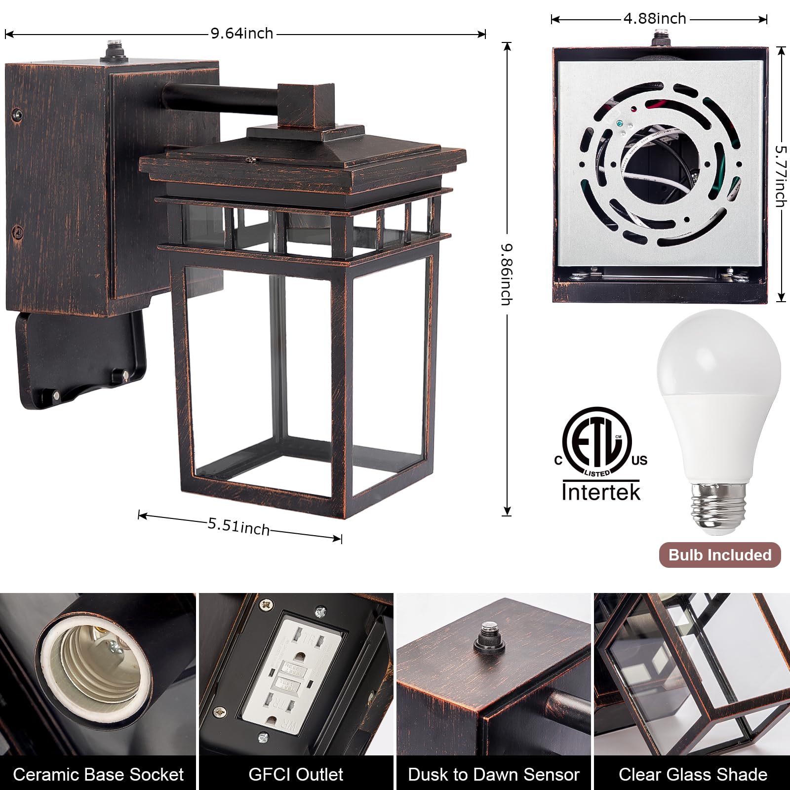 Dusk To Dawn Outdoor Wall Lighting With Outlet,Porch Light With Gfci Outlet Built In,Anti-Rust Alunmium Outdoor Wall Lantern Wit